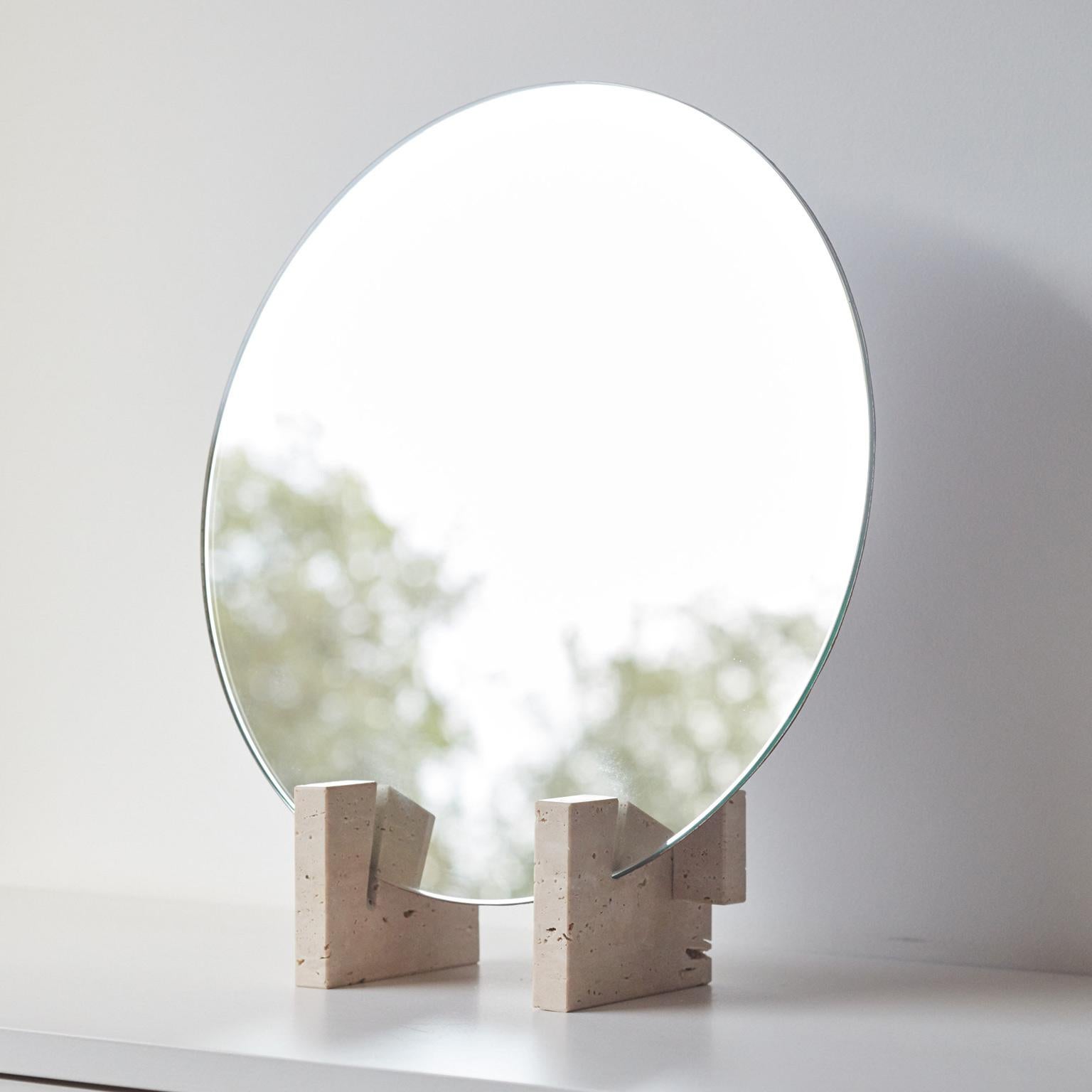 “Fit Mirror” Travertine Marble and Rusty Iron Minimalist Mirror by Aparentment For Sale 3