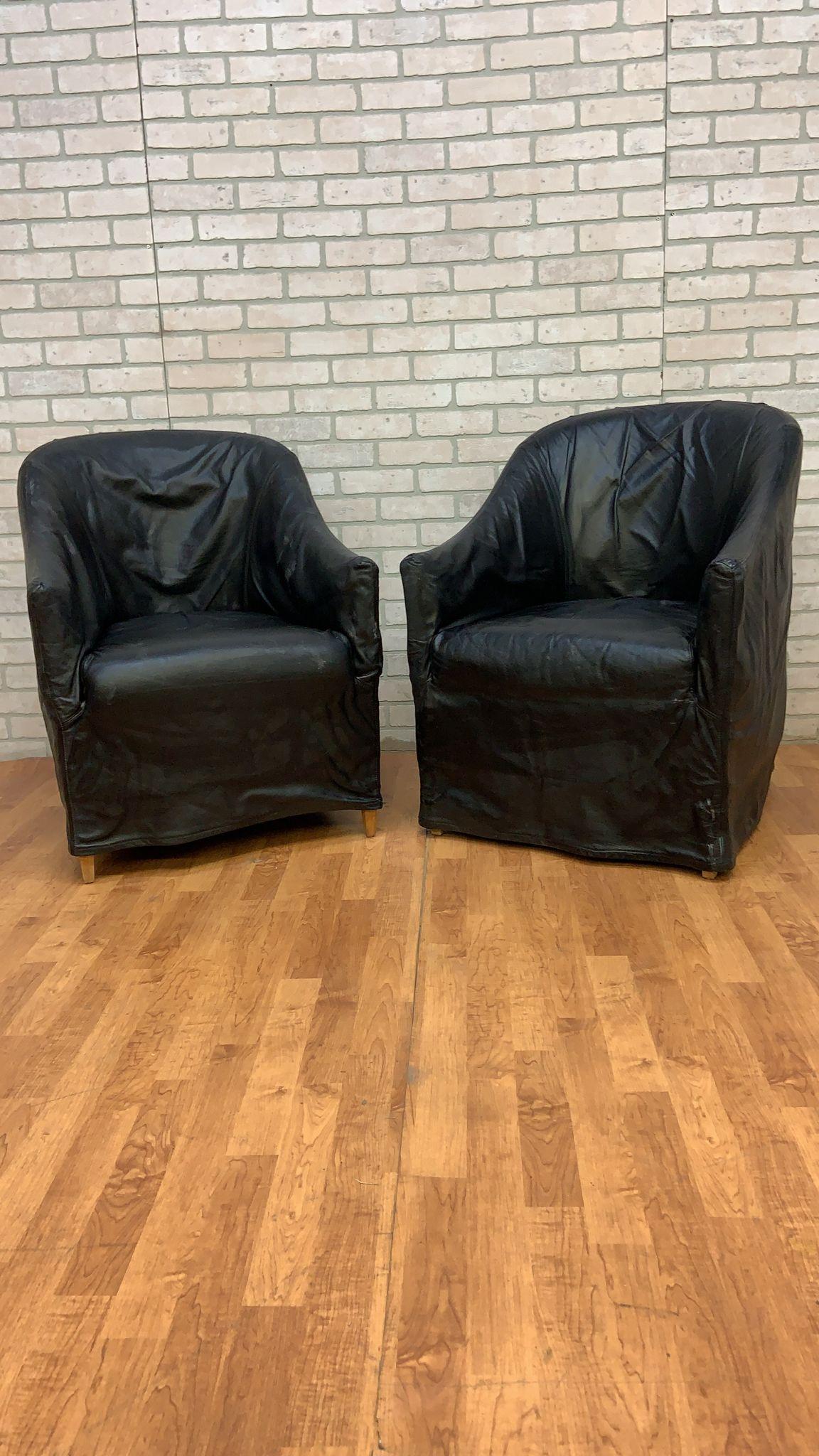 Vintage Mario Bellini Style Custom Fitted Black Italian Draped Leather Barrel Back Club Chairs by Niedermaier - Pair 

Chic Raw Cut Full-Grain Black Italian Leather Custom Fitted with Precious Stitching Finishes, Barrel Back & Flared Arms with