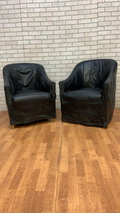Fitted Black Italian Draped Leather Barrel Back Club Chairs by Niedermaier, Pair