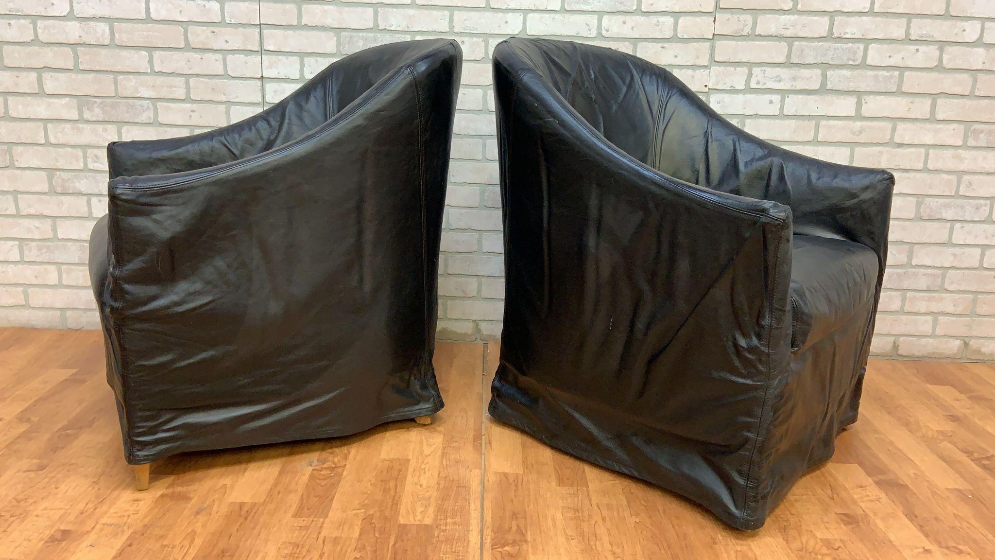 Hand-Crafted Fitted Black Italian Draped Leather Barrel Back Club Chairs by Niedermaier, Pair For Sale