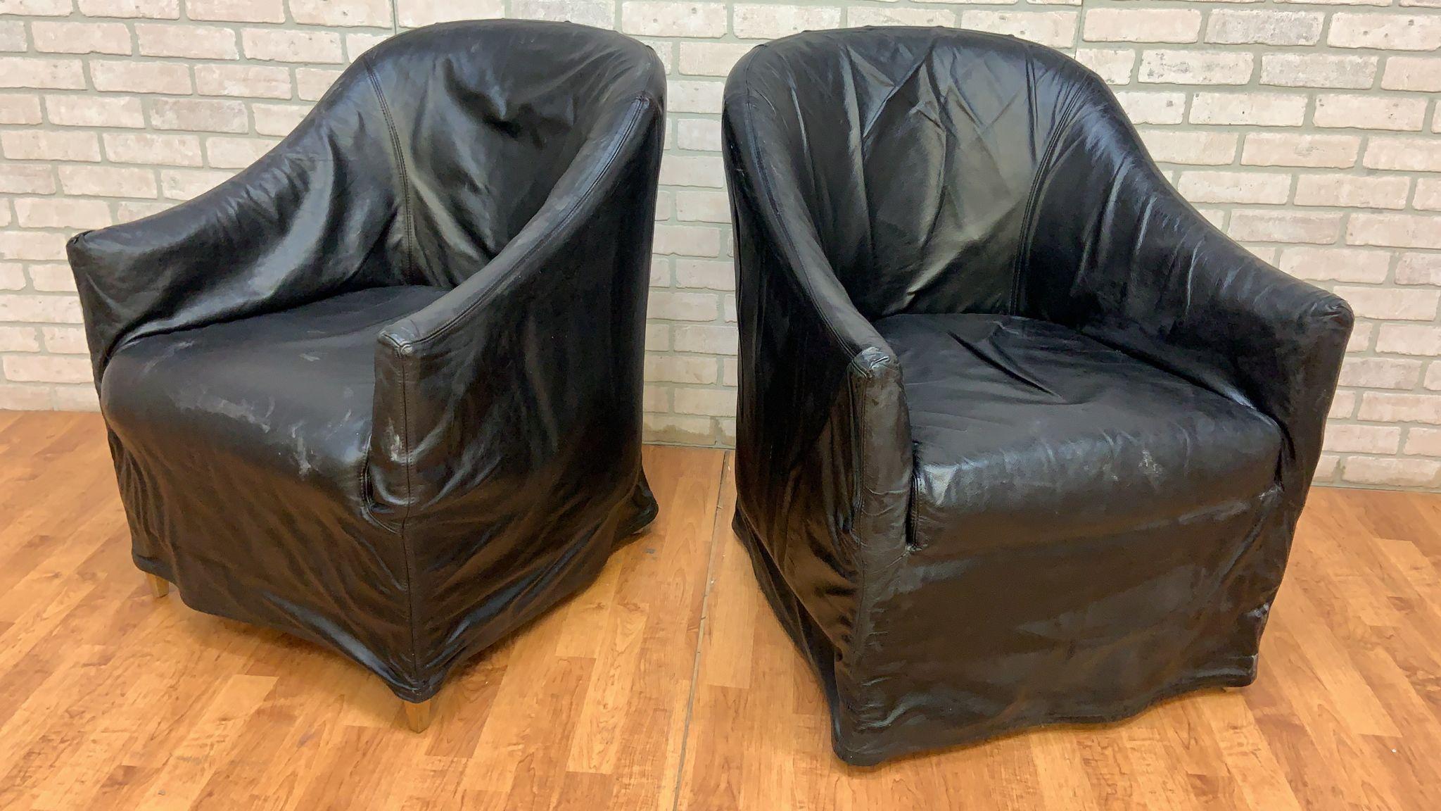 Fitted Black Italian Draped Leather Barrel Back Club Chairs by Niedermaier, Pair In Good Condition For Sale In Chicago, IL