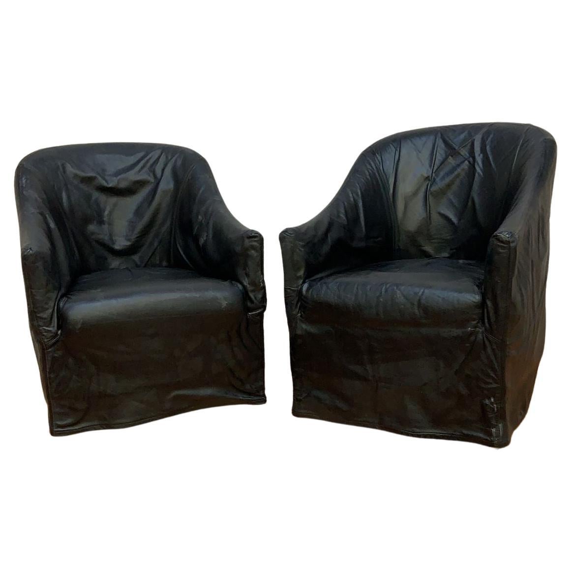 Fitted Black Italian Draped Leather Barrel Back Club Chairs by Niedermaier, Pair