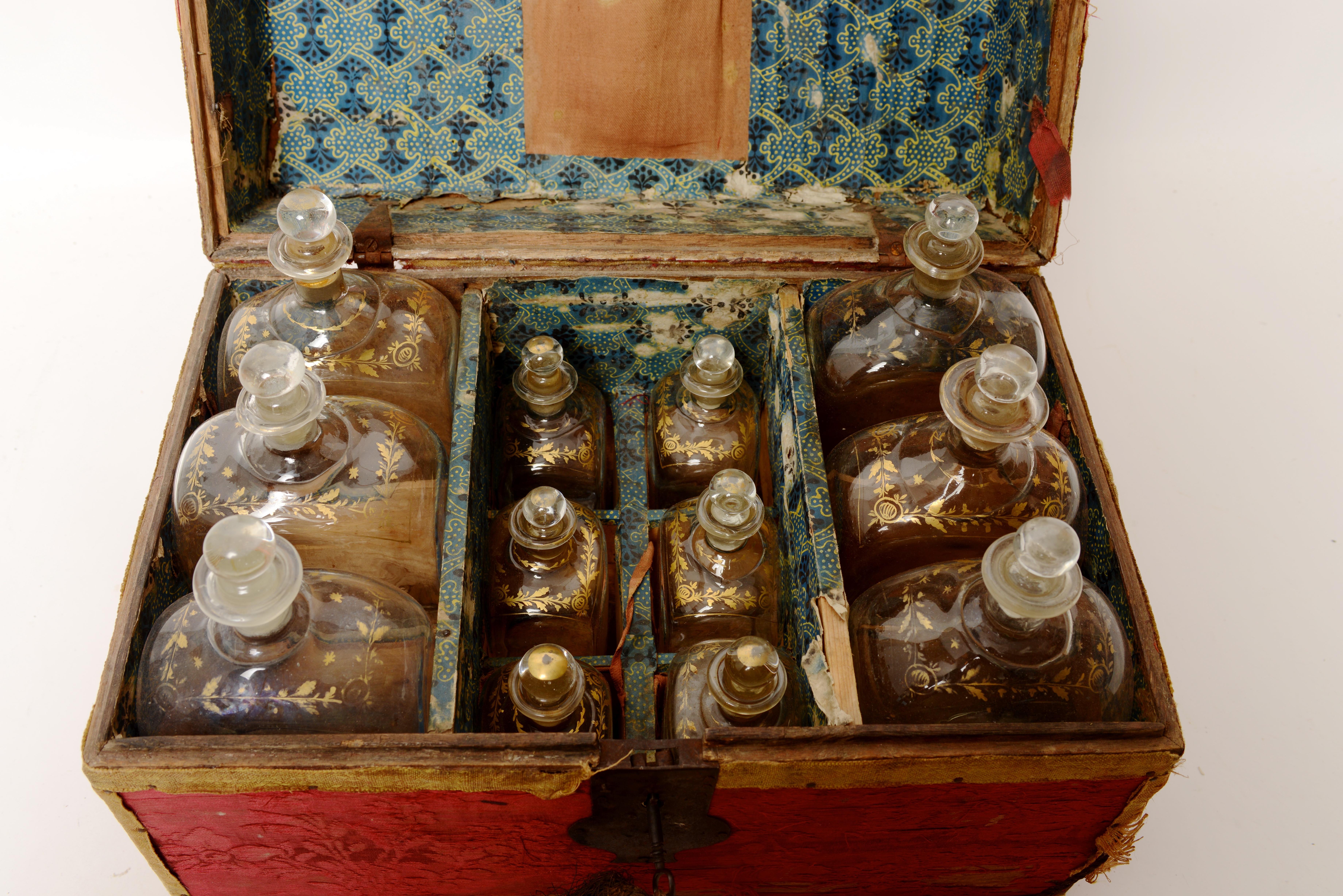 George III Fitted Traveling Case Original Blown Bottles & Crimson Brocade Cover Late 18th C For Sale