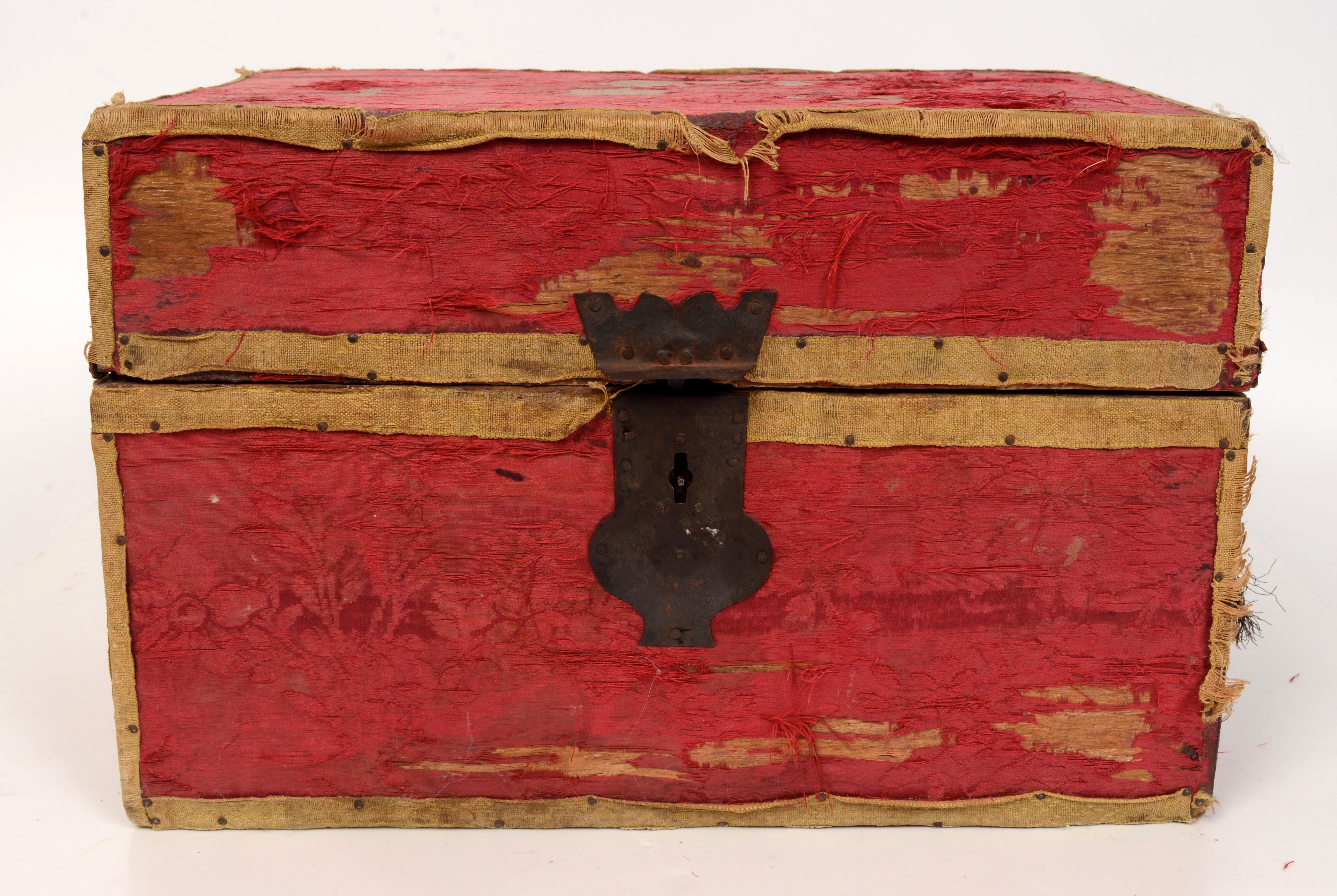 English Fitted Traveling Case Original Blown Bottles & Crimson Brocade Cover Late 18th C For Sale