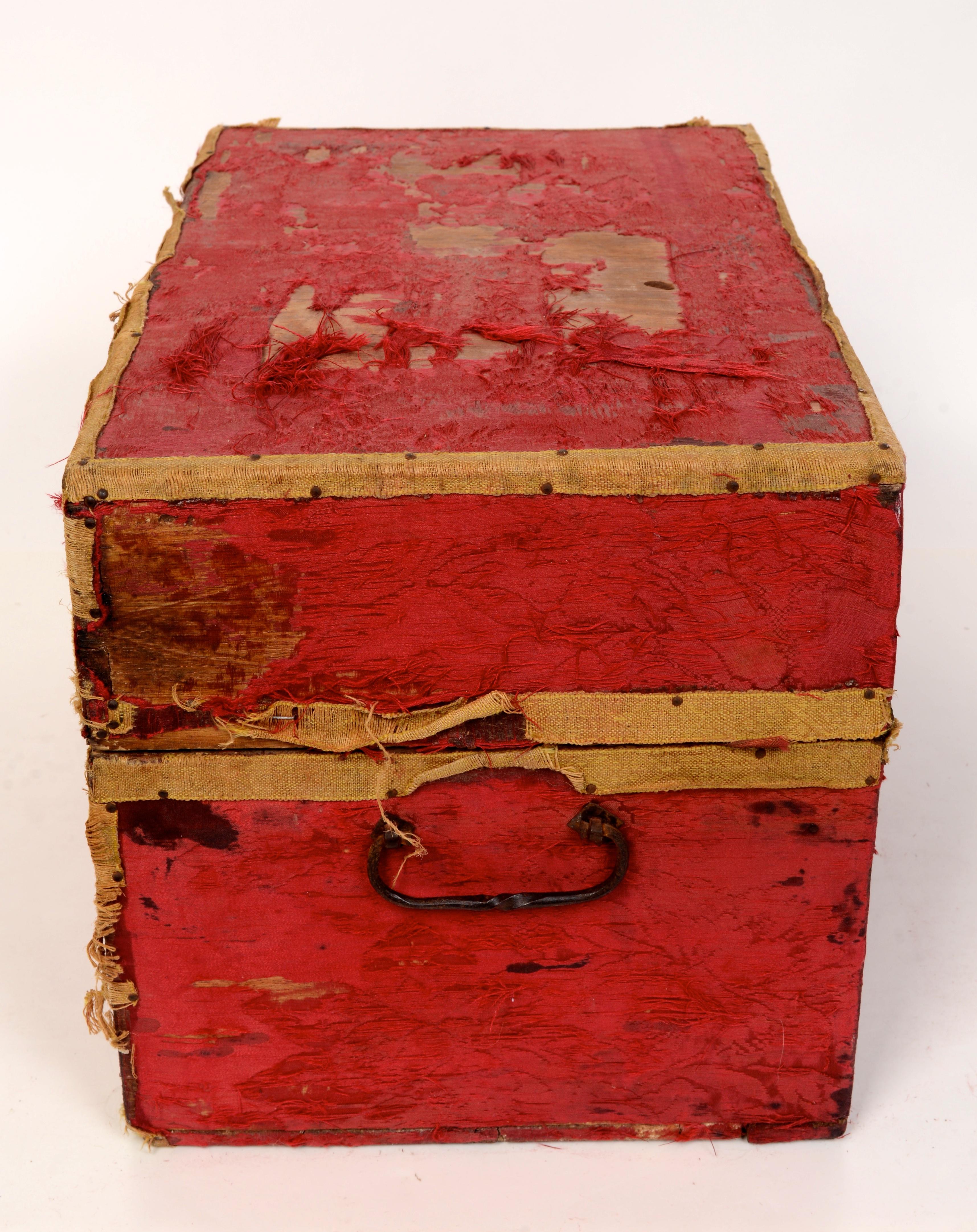Gilt Fitted Traveling Case Original Blown Bottles & Crimson Brocade Cover Late 18th C For Sale