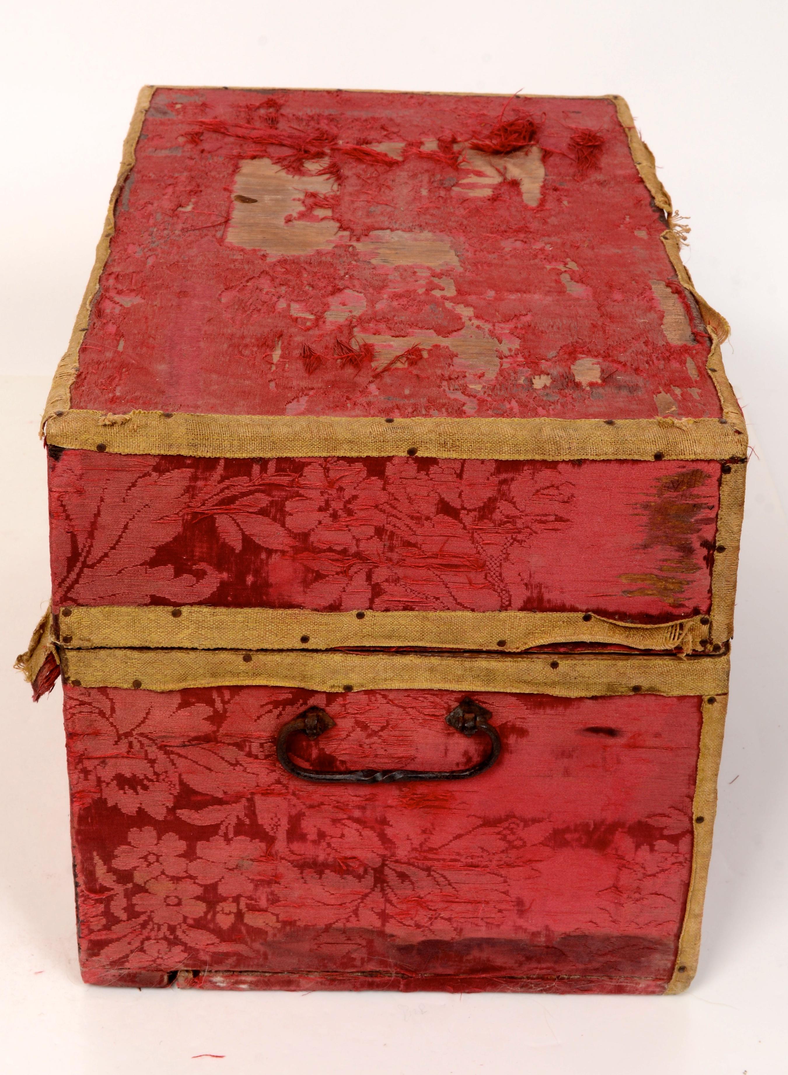 18th Century Fitted Traveling Case Original Blown Bottles & Crimson Brocade Cover Late 18th C For Sale