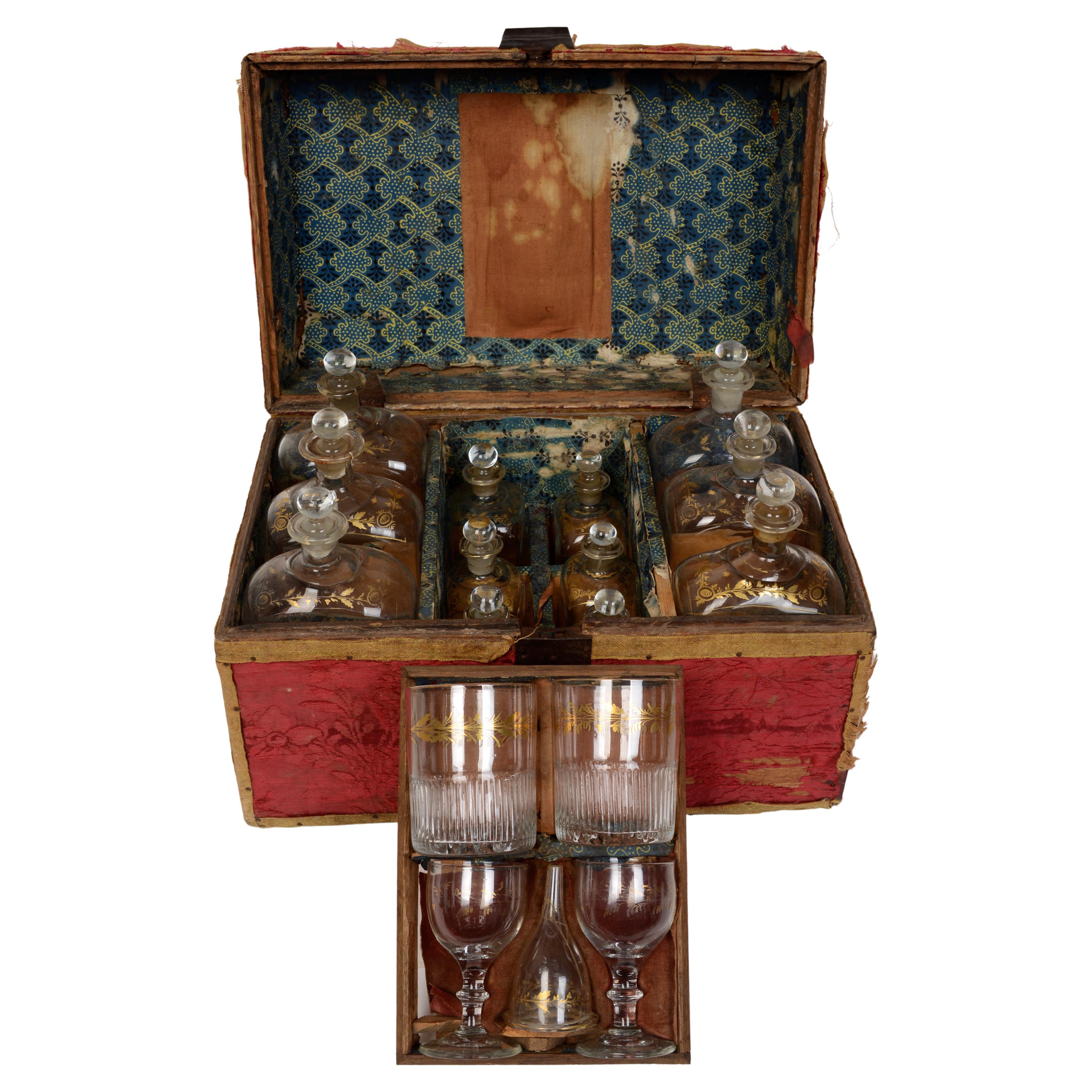 Fitted Traveling Case Original Blown Bottles & Crimson Brocade Cover Late 18th C