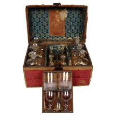 Antique Fitted Traveling Case Original Blown Bottles & Crimson Brocade Cover Late 18th C
