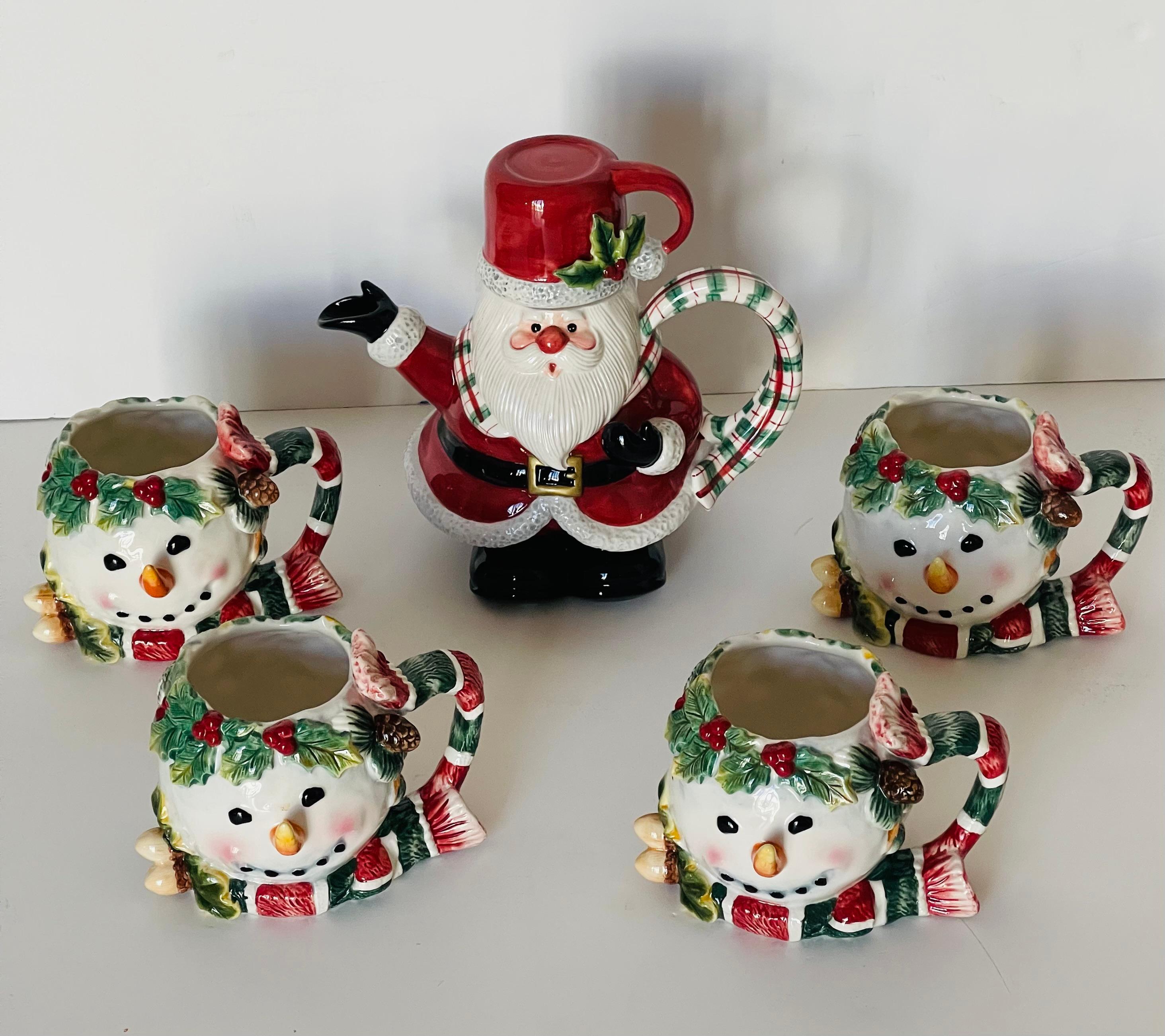 Fitz and Floyd Christmas Santa Claus Teekanne mit 4 Schneemänner Tassen (Amerikanische Klassik) im Angebot