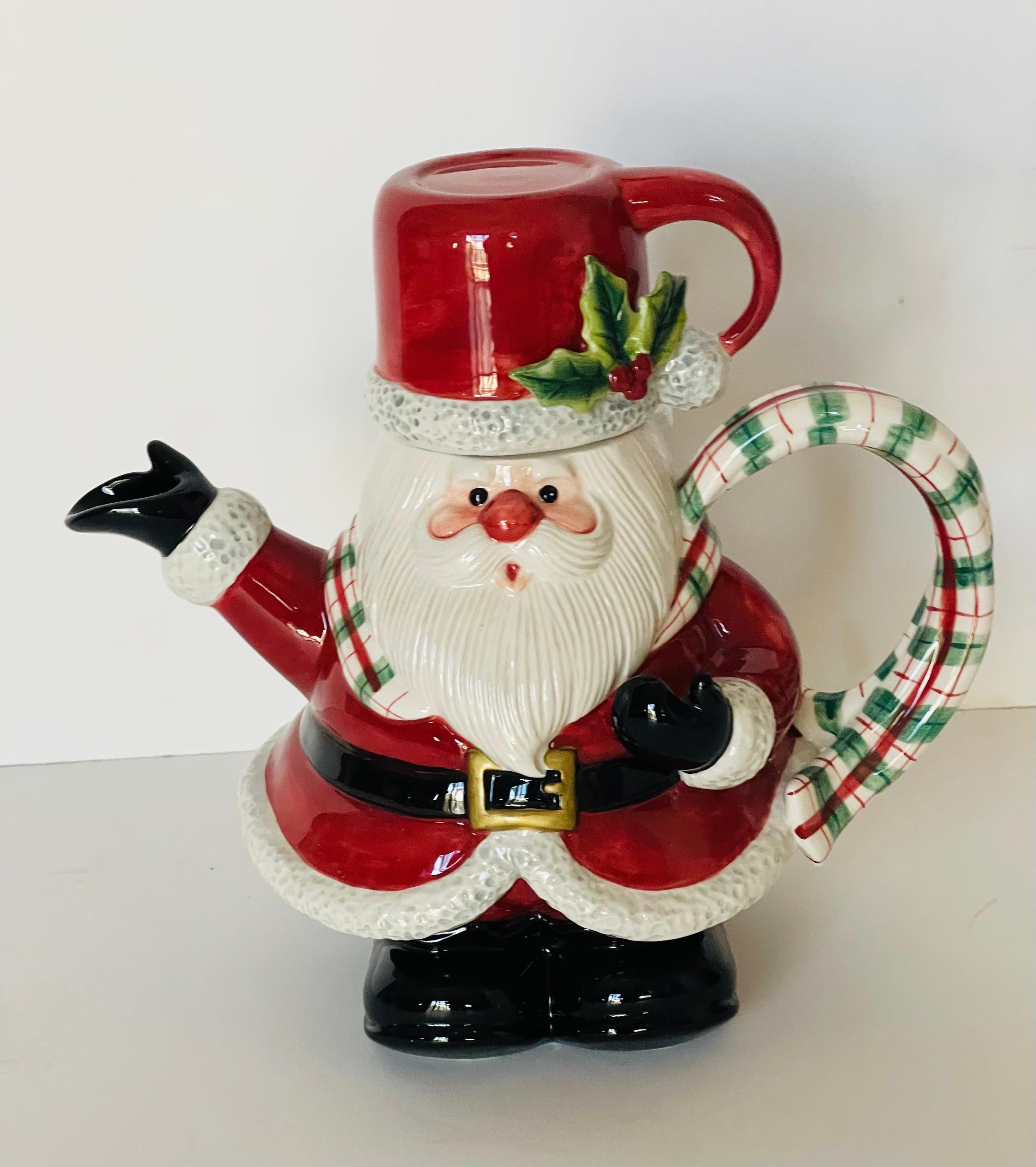 Fitz and Floyd Christmas Santa Claus Teekanne mit 4 Schneemänner Tassen (Keramik) im Angebot