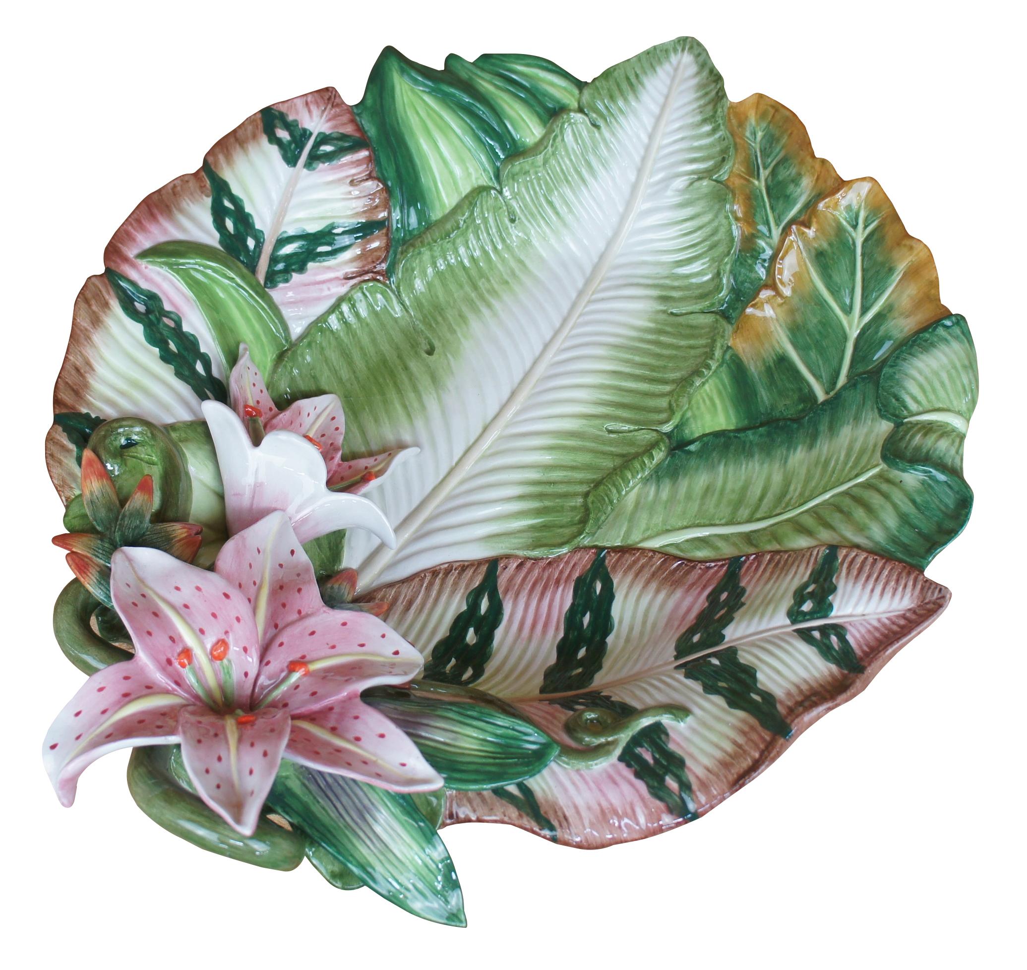 Fitz and Floyd Exotic Jungle Pink Lily Platter Porcelain Centerpiece Floral In Good Condition In Dayton, OH