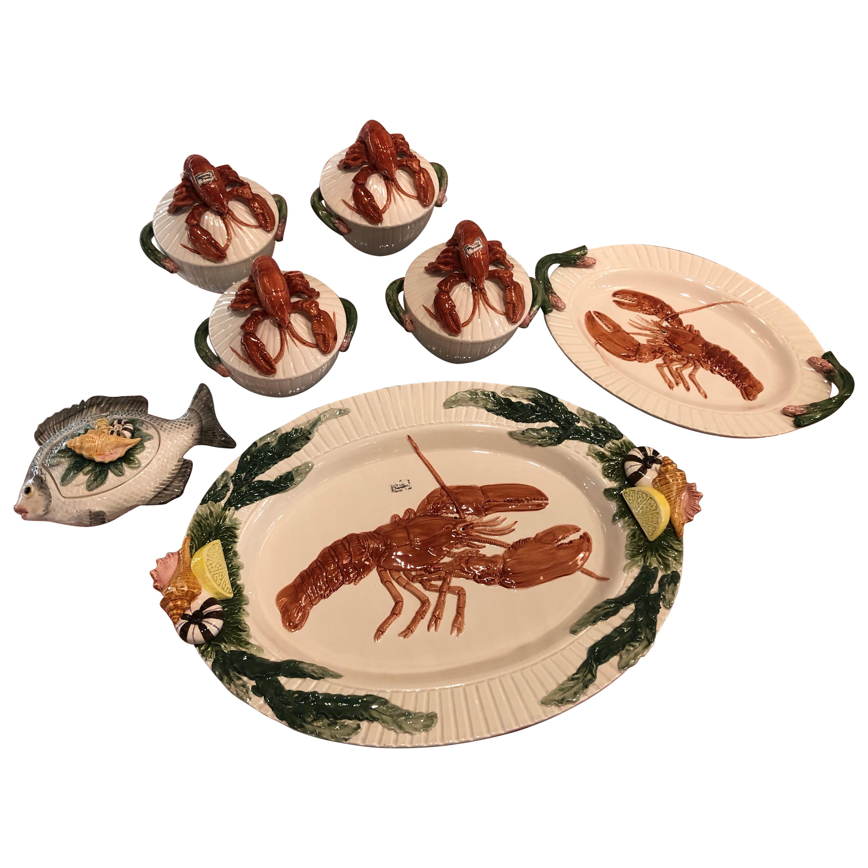 Fitz and Floyd Lobster Fish Platters Server Soup Bowls 7 Piece Palm Beach