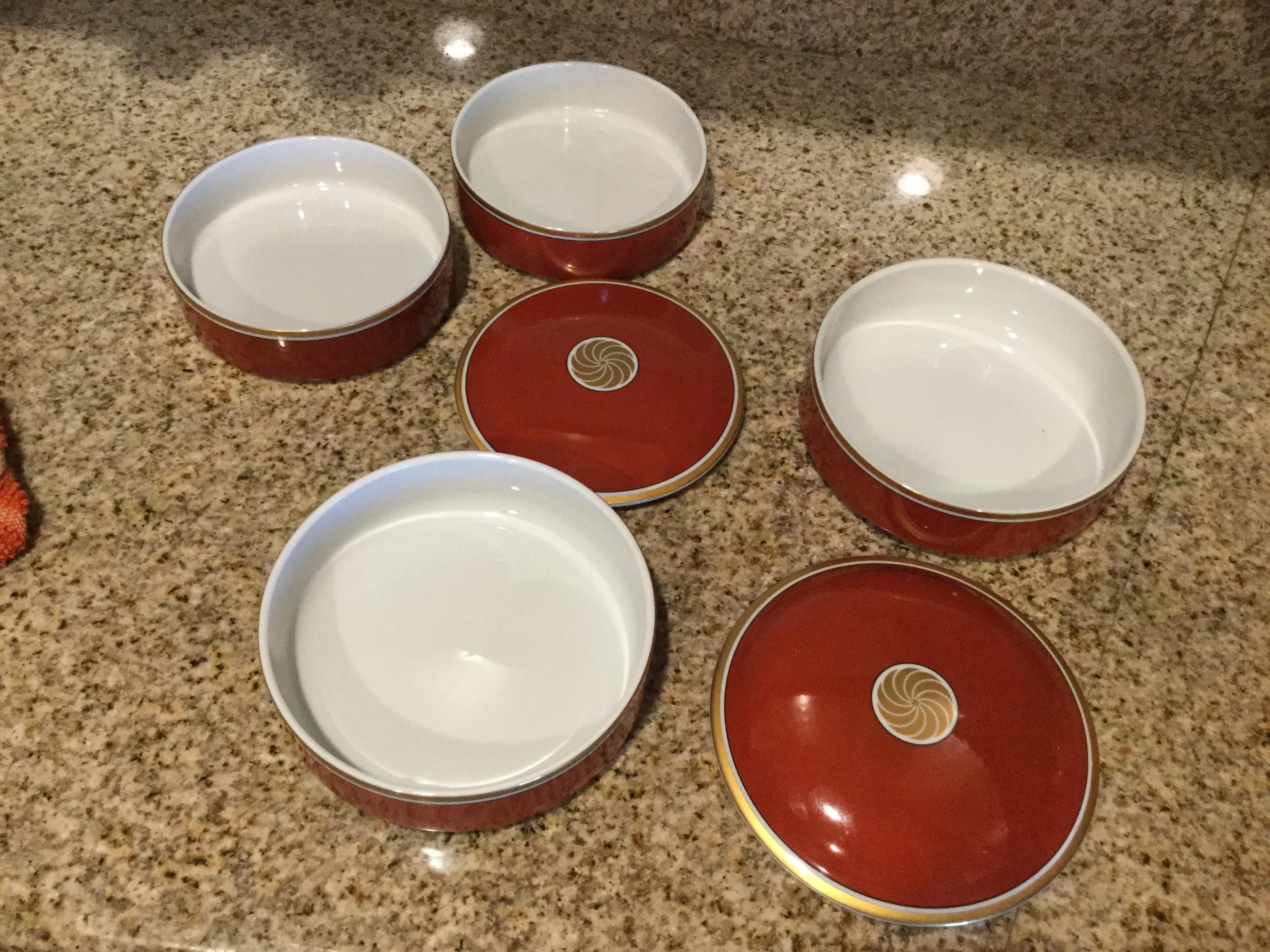 Pair of double stack serving bowls with lids. Perfect for vegetables! They appear never to have been used. This is part of a huge set recently acquired from a multi million dollar Palm Springs estate. Purchased in 1979 this Medallion d’Or pattern is