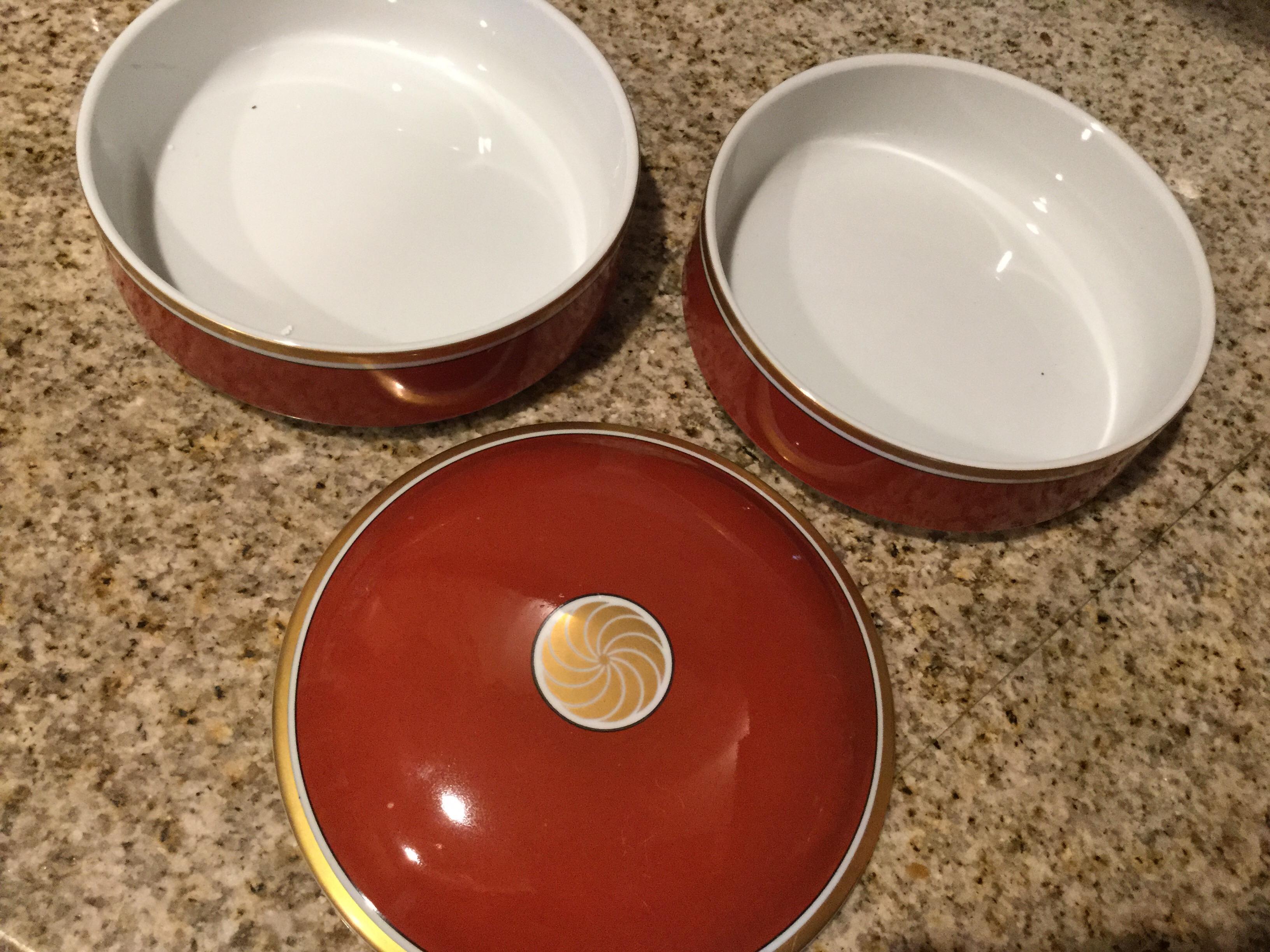 Japanese Fitz and Floyd Medaillon d’Or Coffee Pair Double Stack Serving Bowls/Lids, 1979