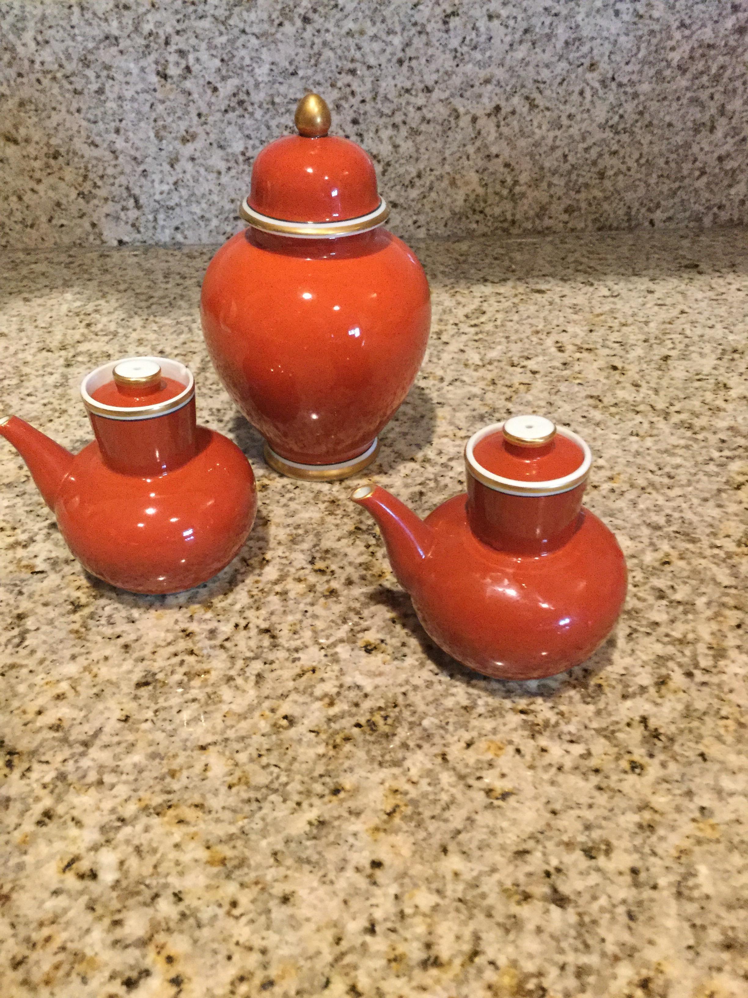 Pair of oil and vinegar cruets (or soy sauce) and ginger jar to store tea. They appear never to have been used. This is part of a huge set recently acquired from a multi million dollar Palm Springs estate. Purchased in 1979 this Medallion d’Or