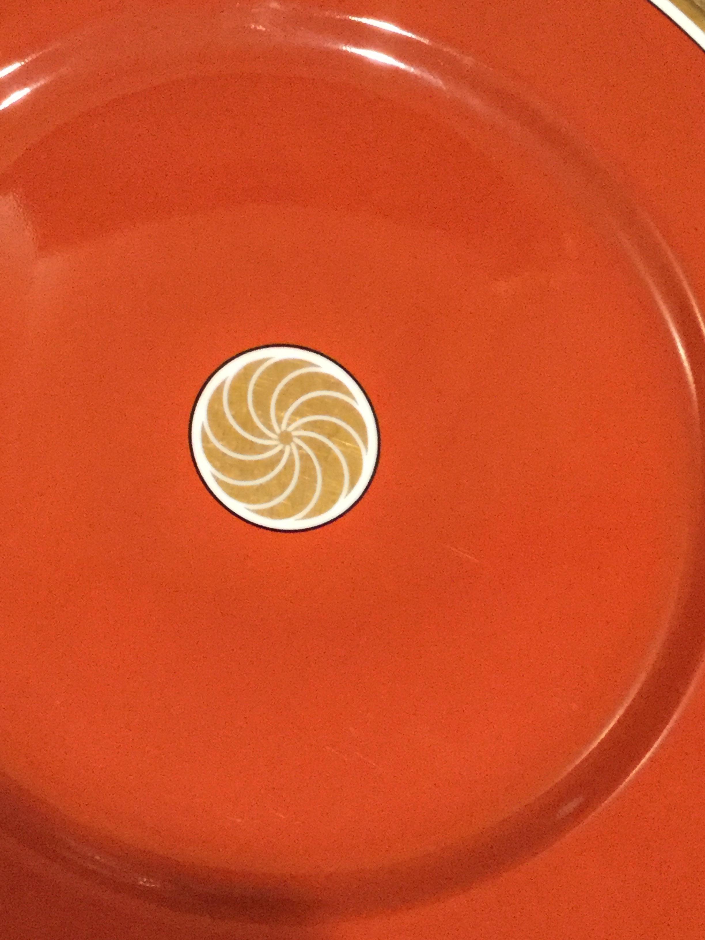 Fitz and Floyd Medallion d’Or Set of 10 Persimmon and Gold Dinner Plates, 1979 In Good Condition In Palm Springs, CA