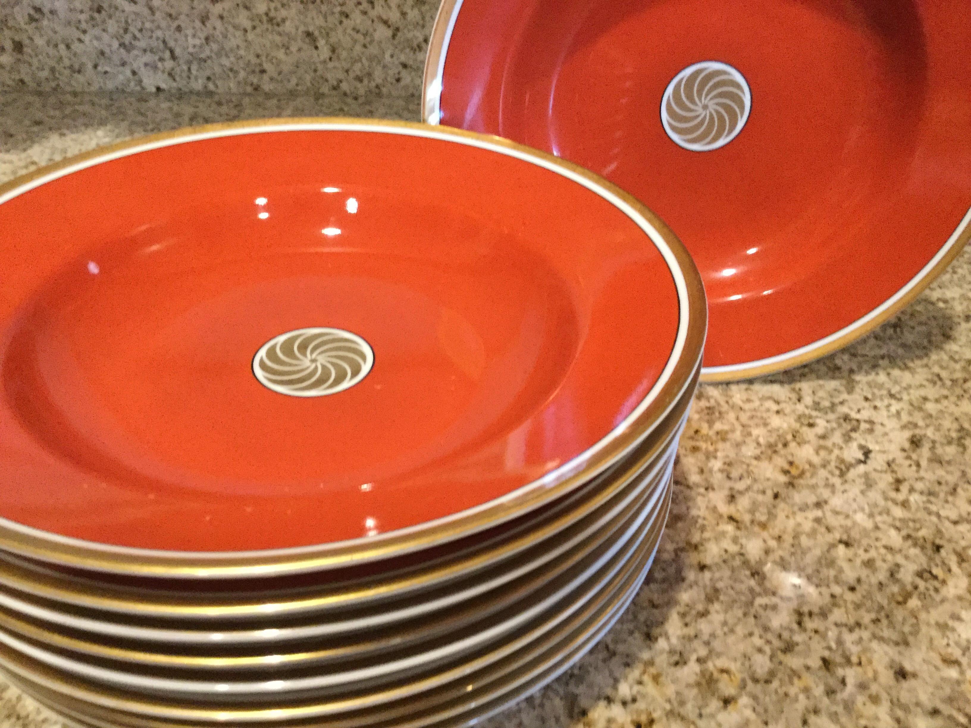 Japanese Fitz and Floyd Medaillon d’Or Set of 10 Persimmon and Gold Soup Plates, 1979