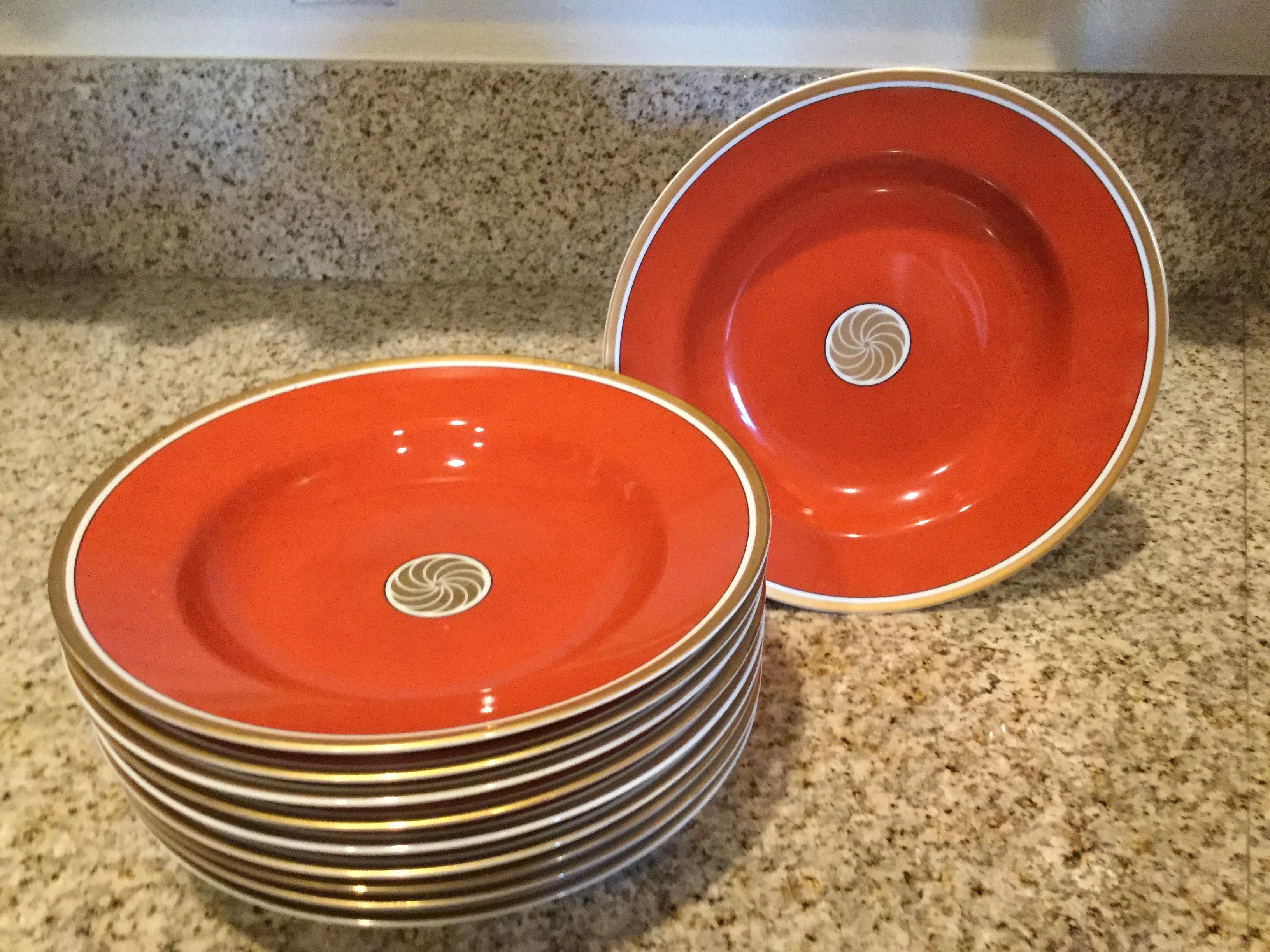 Fitz and Floyd Medaillon d’Or Set of 10 Persimmon and Gold Soup Plates, 1979 In Good Condition In Palm Springs, CA