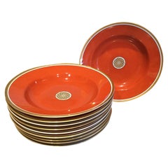 Fitz and Floyd Medaillon d’Or Set of 10 Persimmon and Gold Soup Plates, 1979