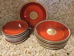 Fitz and Floyd Medaillon d’Or Set of 13 Persimmon and Gold Snack Plates, 1979