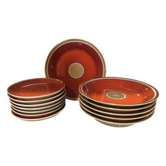 Fitz and Floyd Medaillon d’Or Set of 13 Persimmon and Gold Snack Plates, 1979
