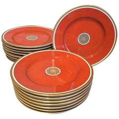 Vintage Fitz and Floyd Medaillon d’Or Set of 16 Persimmon and Gold Bread Plates, 1979