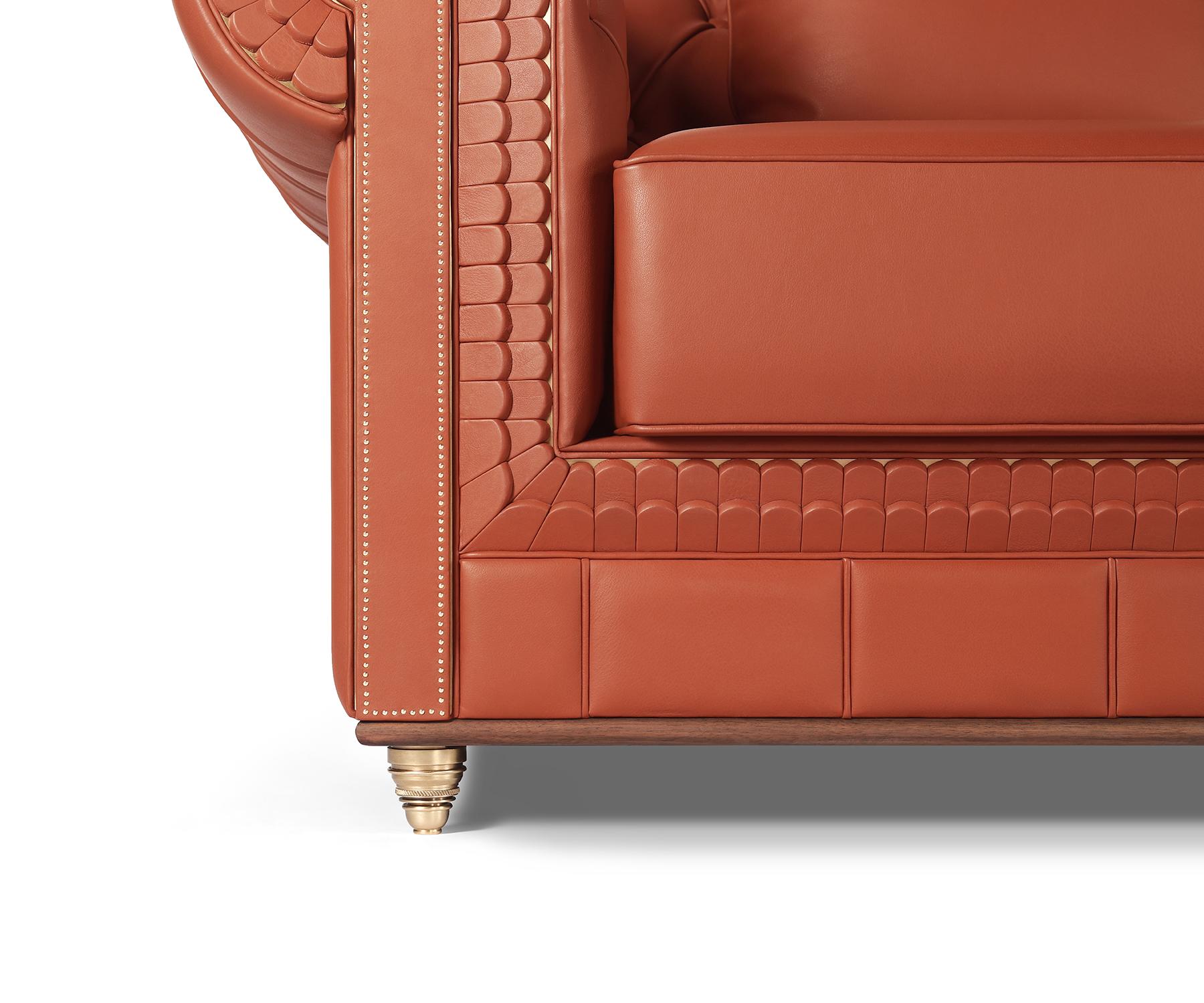Timeless heritage, reimagined.⁠ Madheke’s chesterfield silhouette evokes a quiet grandeur—with a deep tufted back, fan trapunto detailing on scroll arms, and brass-finished feet resting on a walnut plinth. ⁠Hand-finished, every element reflects a