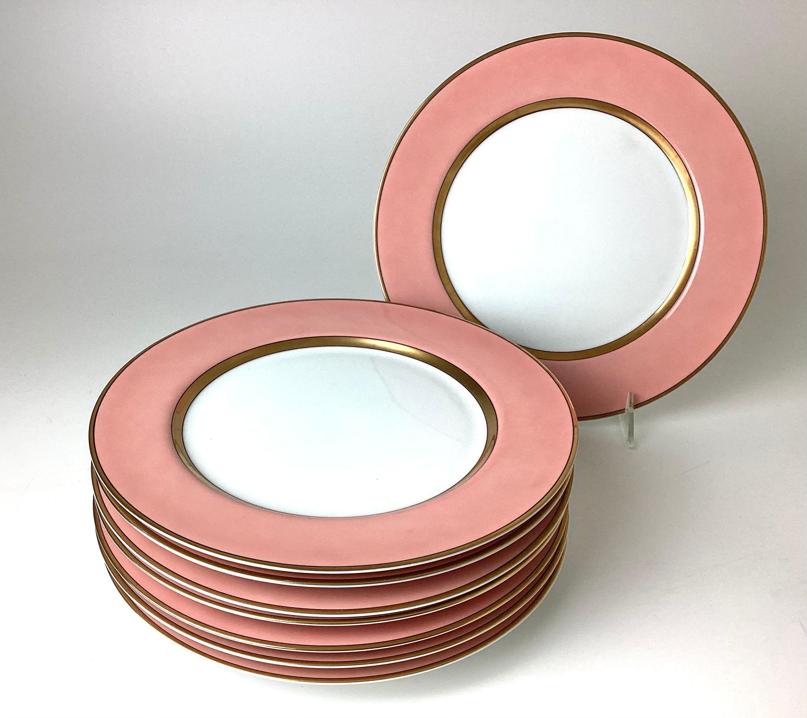 Fitz and Floyd dinner plates renaissance peach with wide gold verge line set of 8. All in great condition.