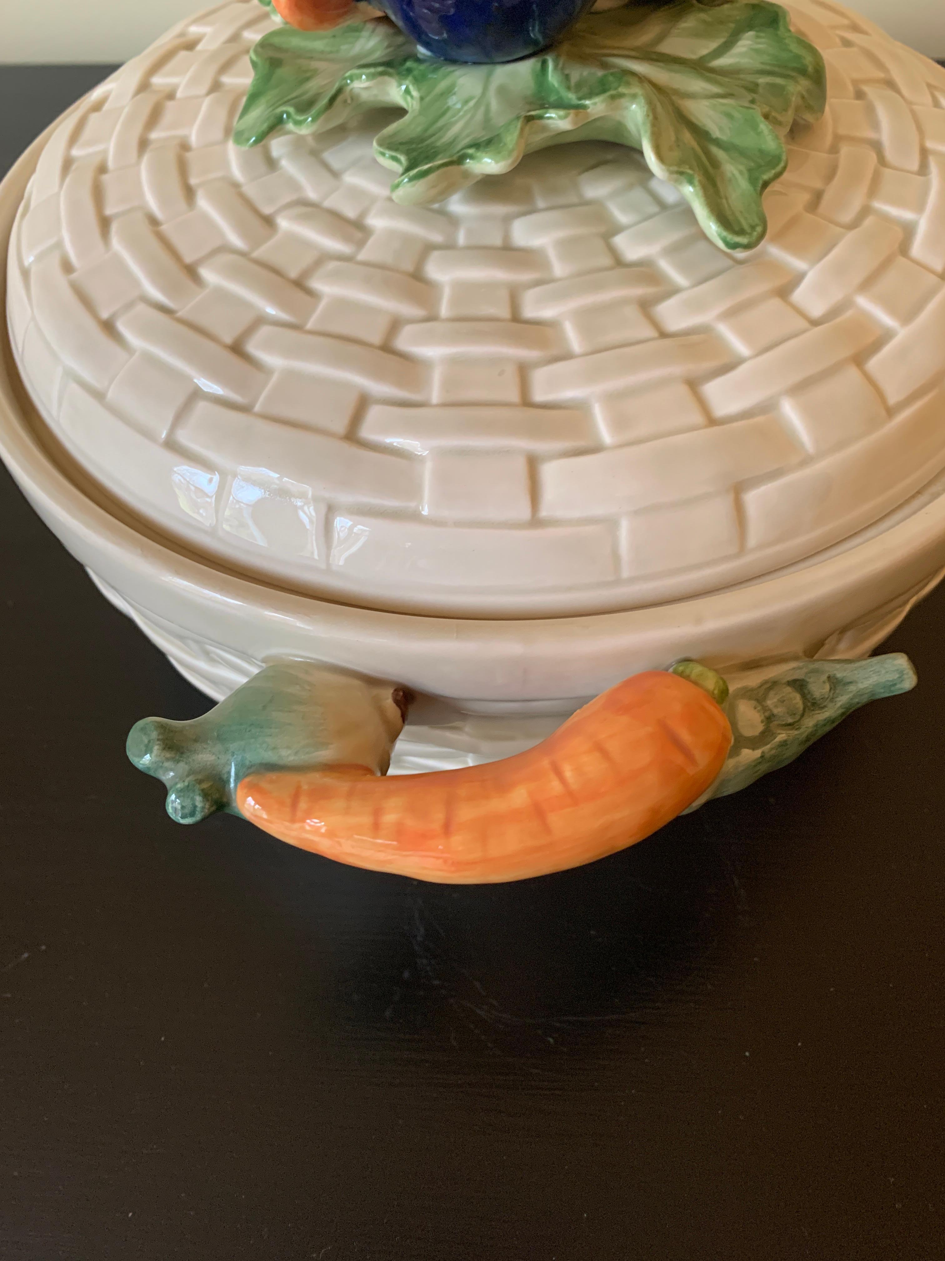 Fitz & Floyd Glazed Ceramic Trompe l'Oeil Woven Basket With Vegetables Casserole For Sale 3