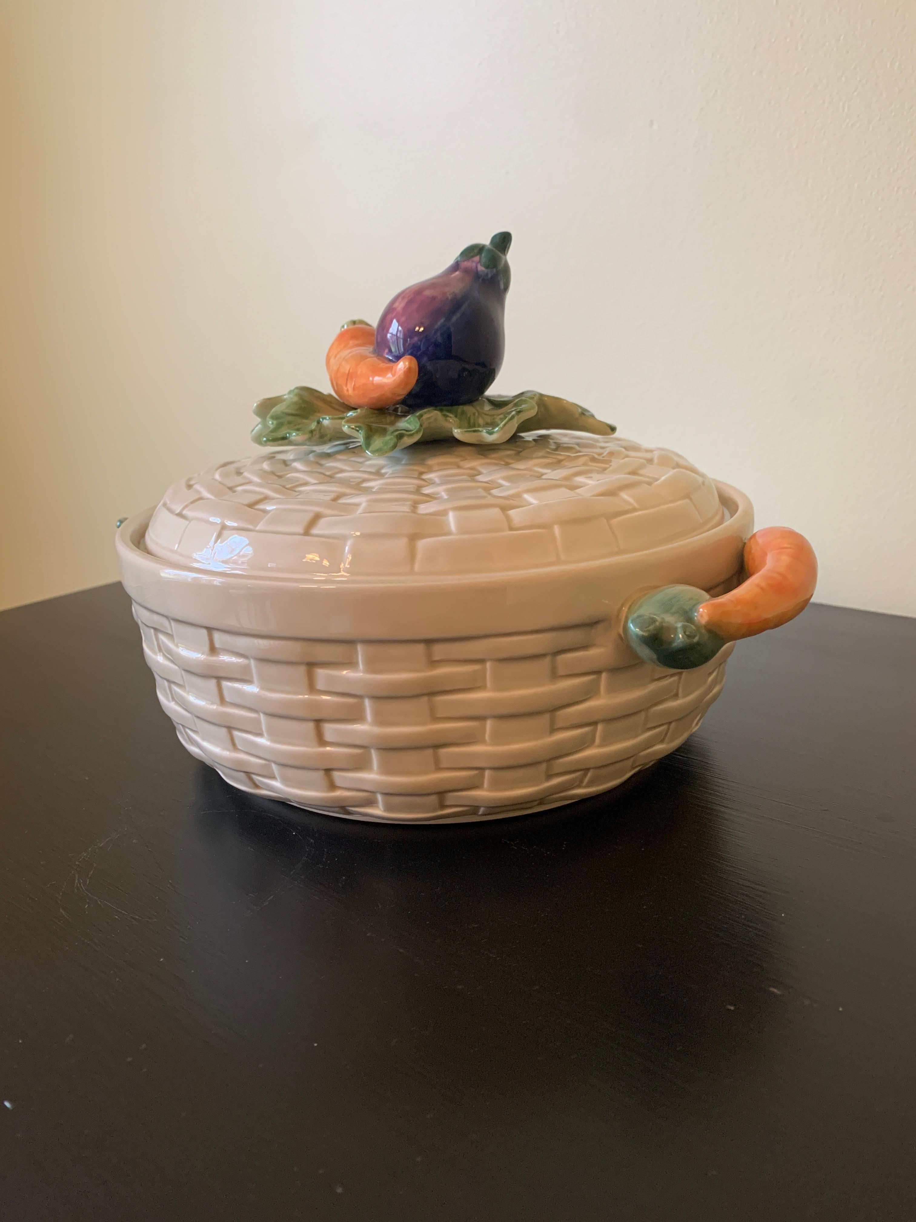 Country Fitz & Floyd Glazed Ceramic Trompe l'Oeil Woven Basket With Vegetables Casserole For Sale