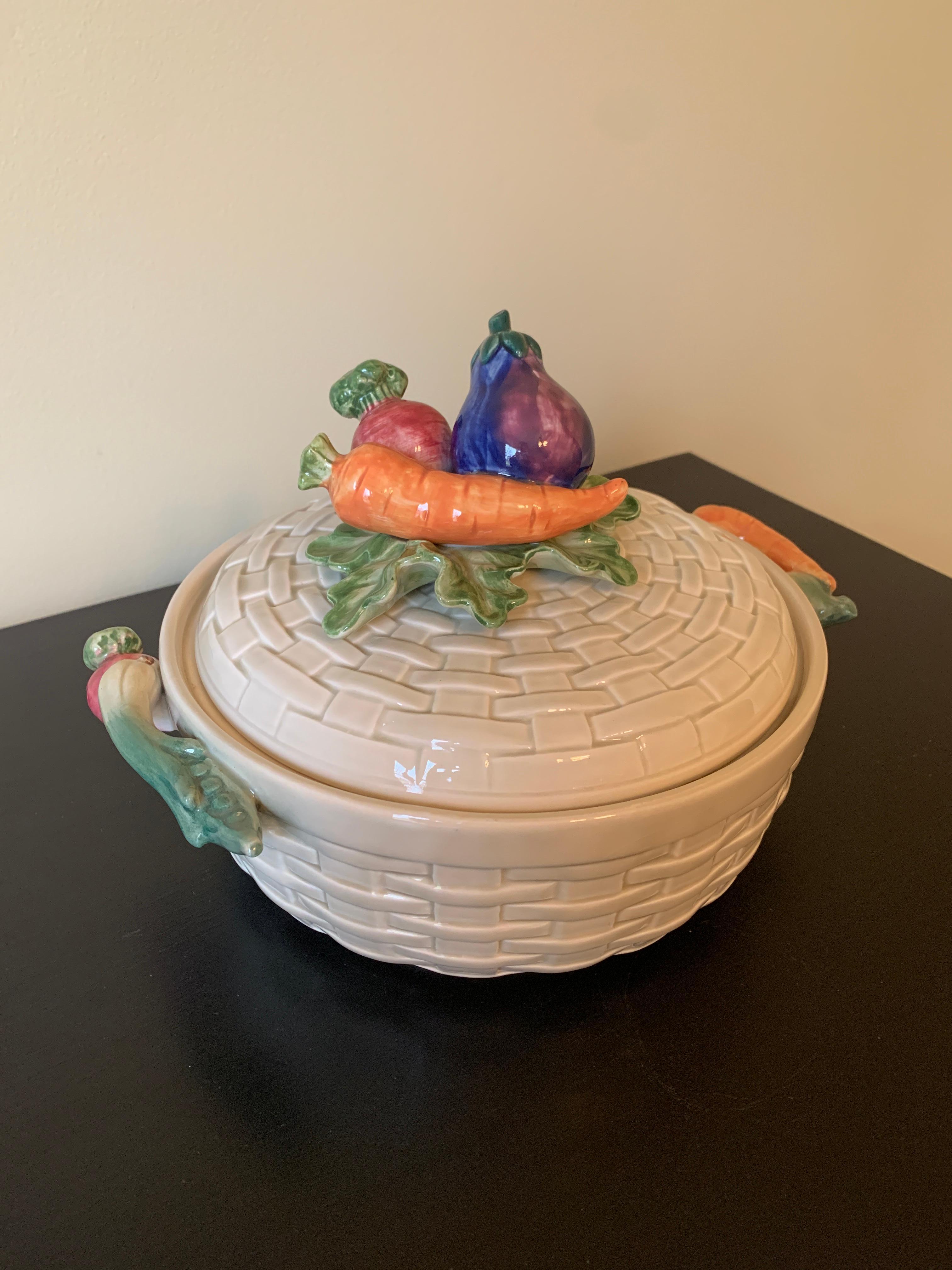 Japanese Fitz & Floyd Glazed Ceramic Trompe l'Oeil Woven Basket With Vegetables Casserole For Sale
