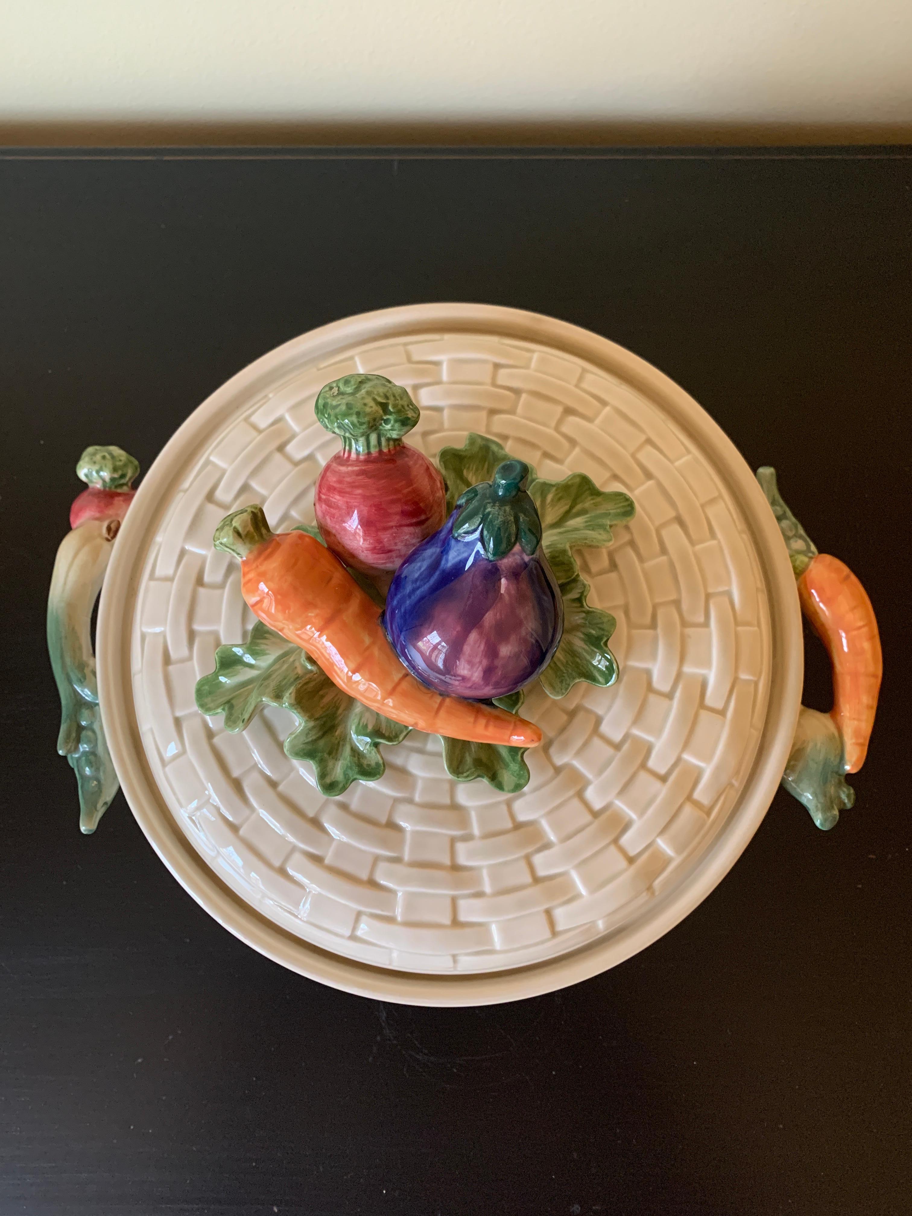 Late 20th Century Fitz & Floyd Glazed Ceramic Trompe l'Oeil Woven Basket With Vegetables Casserole For Sale