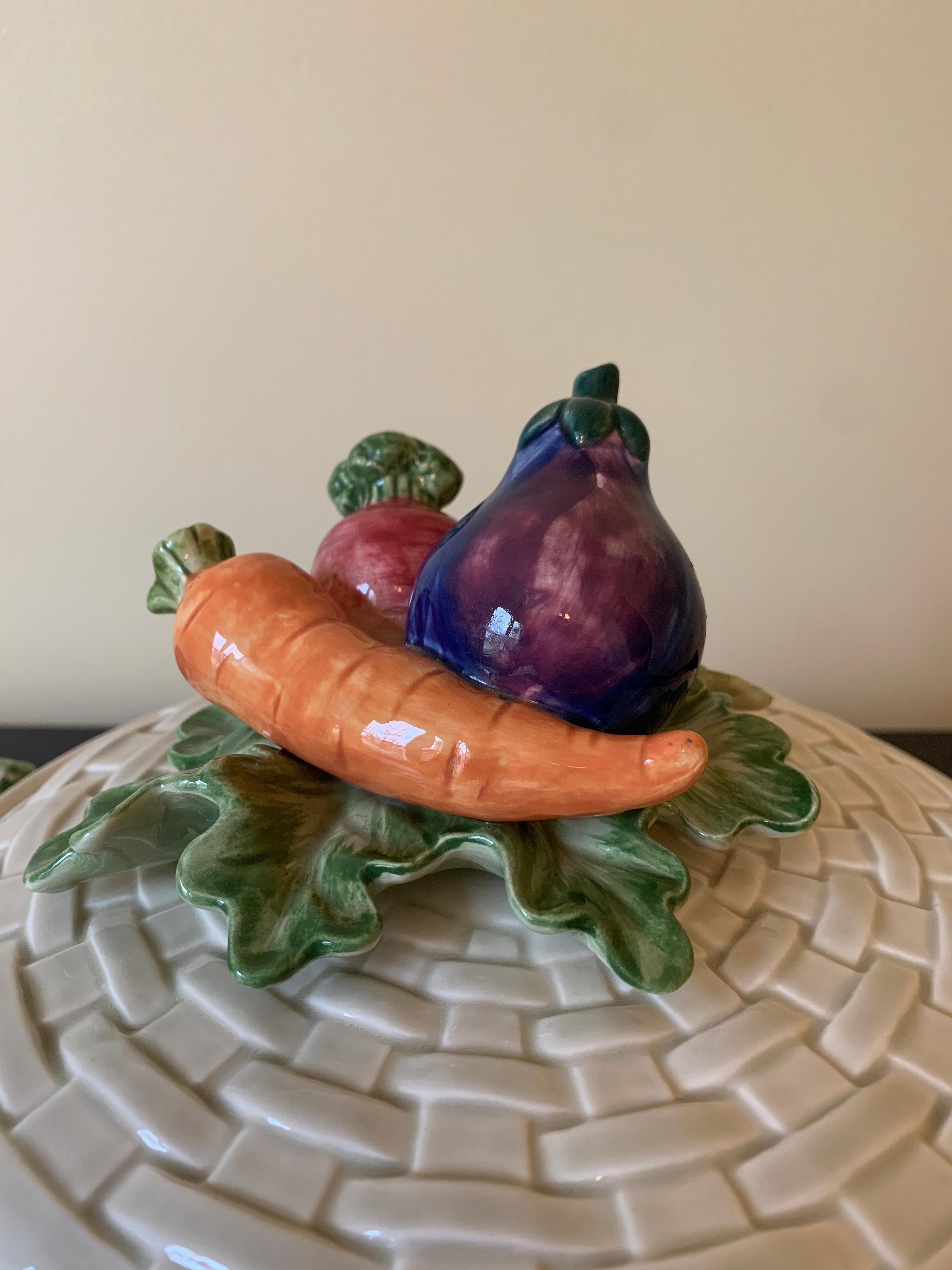 Fitz & Floyd Glazed Ceramic Trompe l'Oeil Woven Basket With Vegetables Casserole For Sale 1