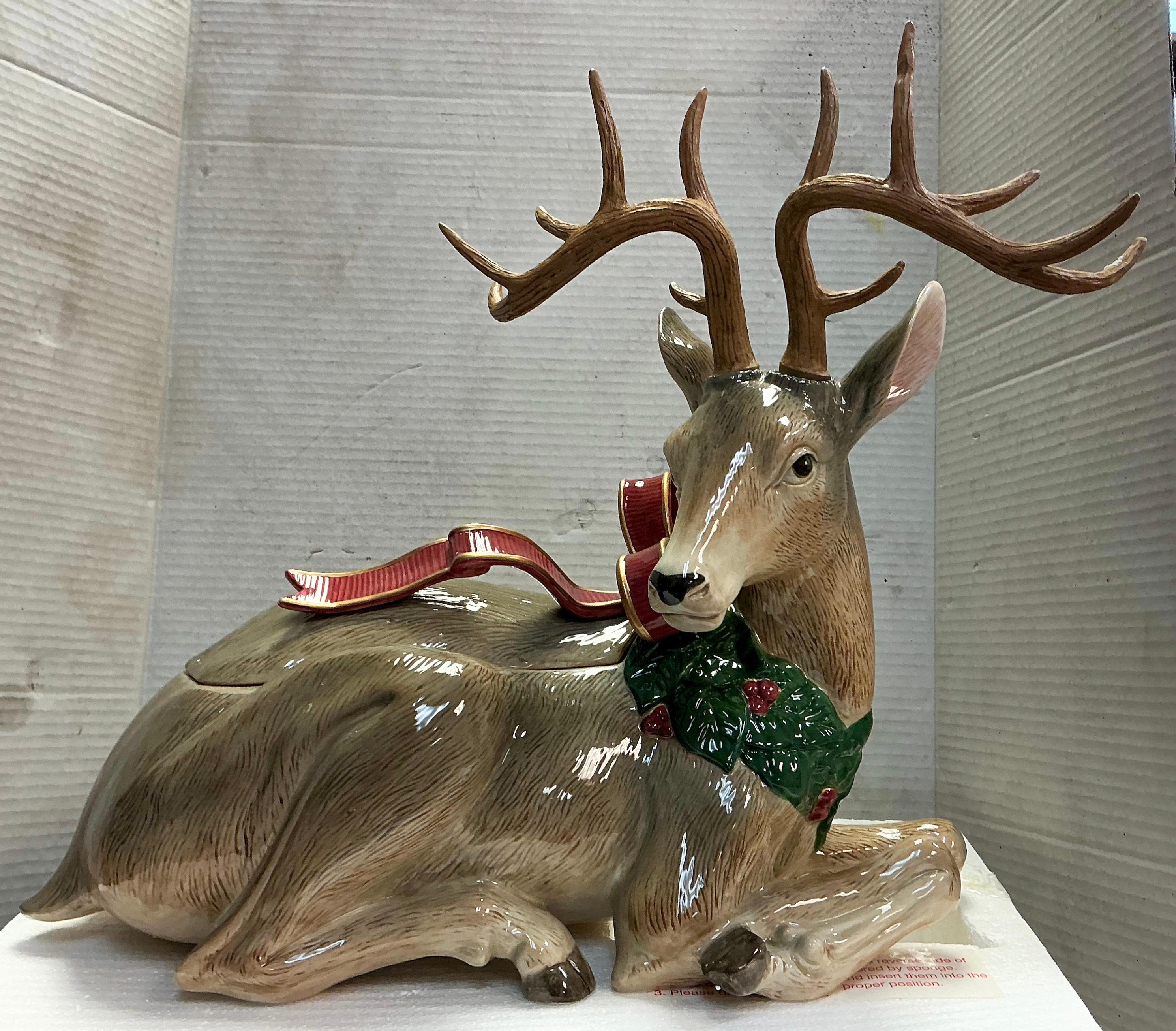 Just in time for the holidays! This is a large scale Victorian style reindeer form Christmas tureen or centerpiece. It is by Fitz & Floyd, and it is marked. It is in like new condition.