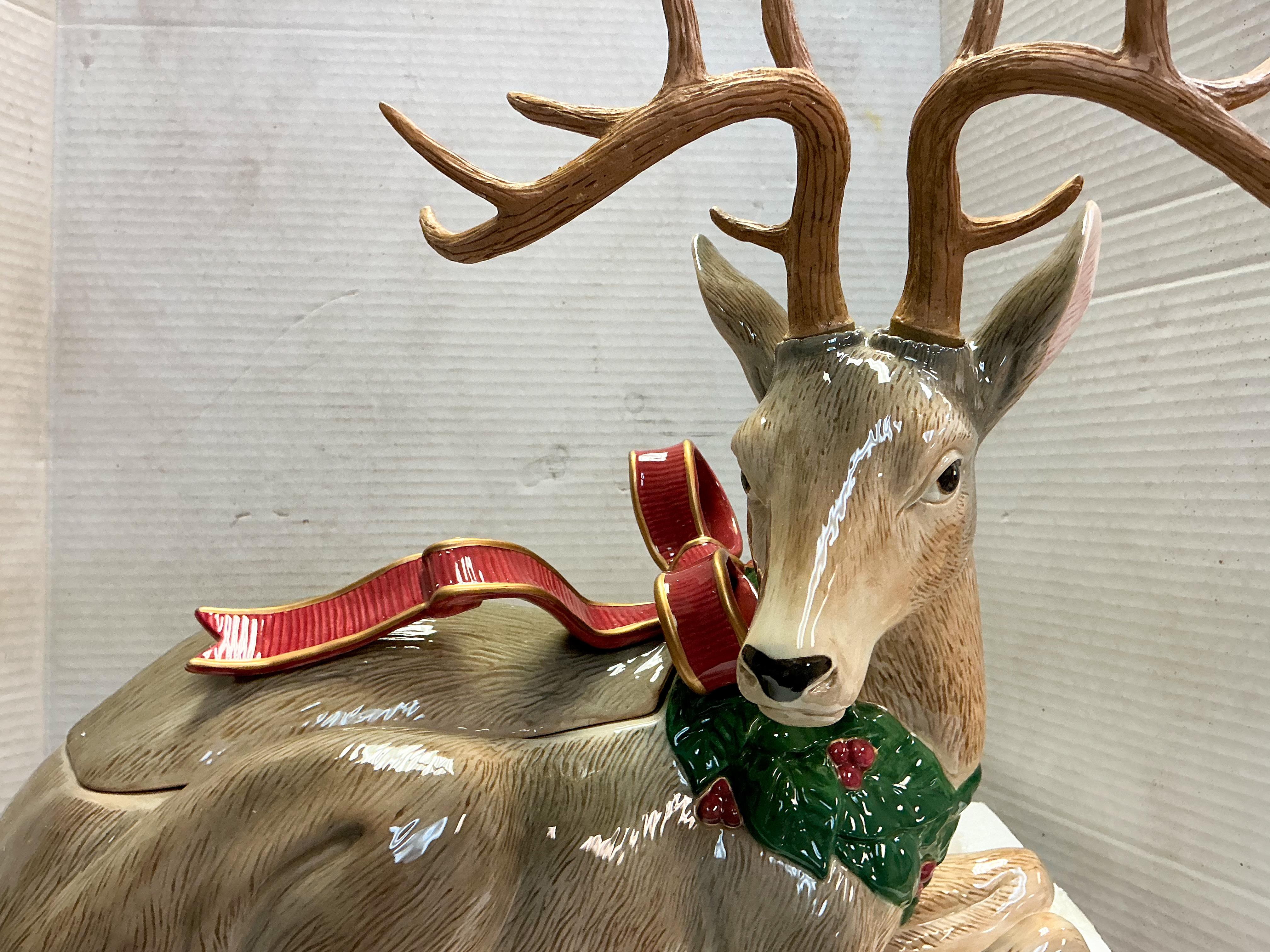 20th Century Fitz & Floyd Hand Painted Christmas Holiday Reindeer Centerpiece Tureen