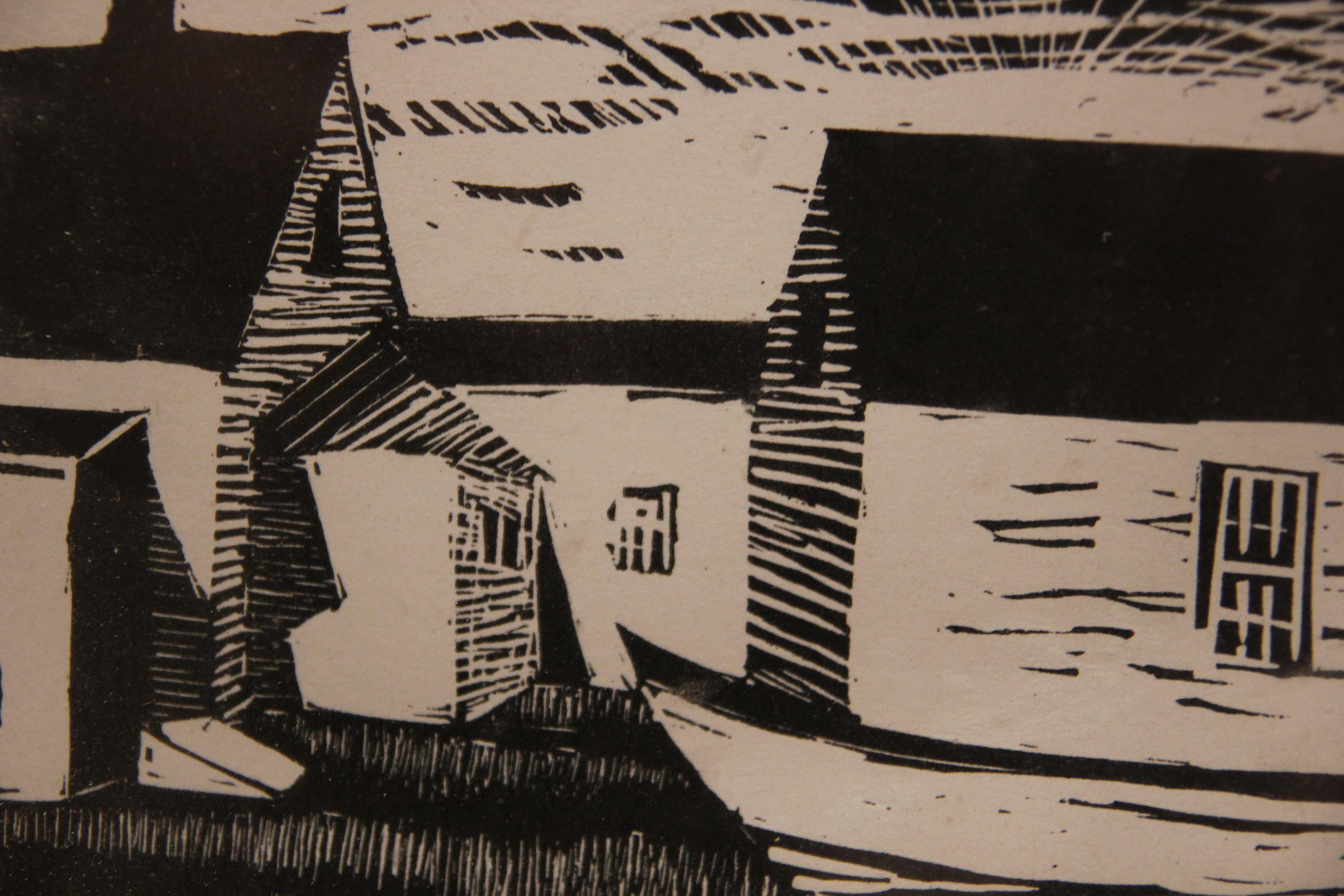 Impresión xilográfica de paisaje de barco con casas (Posiblemente Escuela de Arte de Woodstock) - Print de Fitzgerald