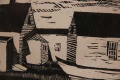 Boat with Houses Landscape Woodblock Print (Possibly Woodstock School of Art)