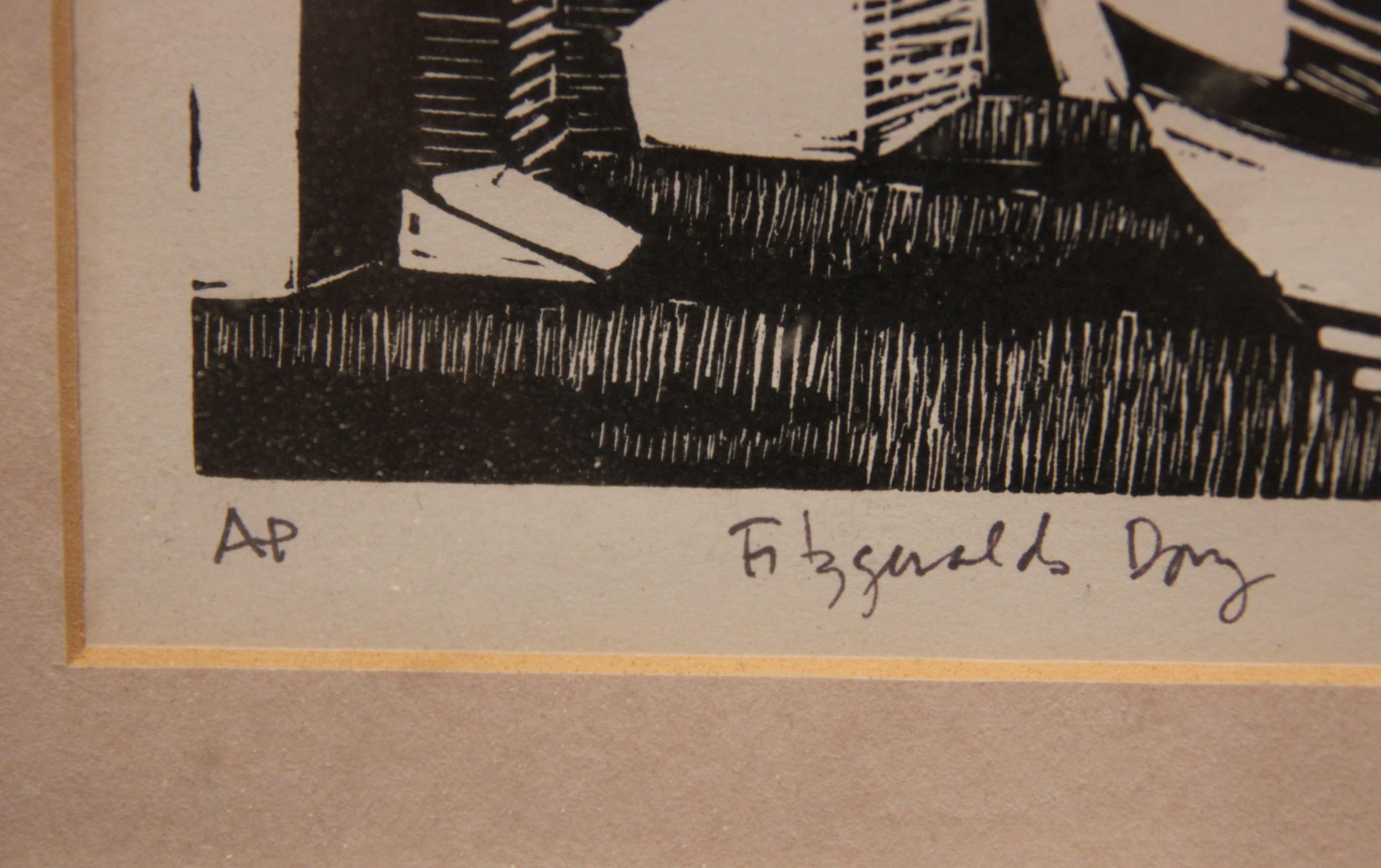 Impresión xilográfica de paisaje de barco con casas (Posiblemente Escuela de Arte de Woodstock) - Print Expresionista de Fitzgerald
