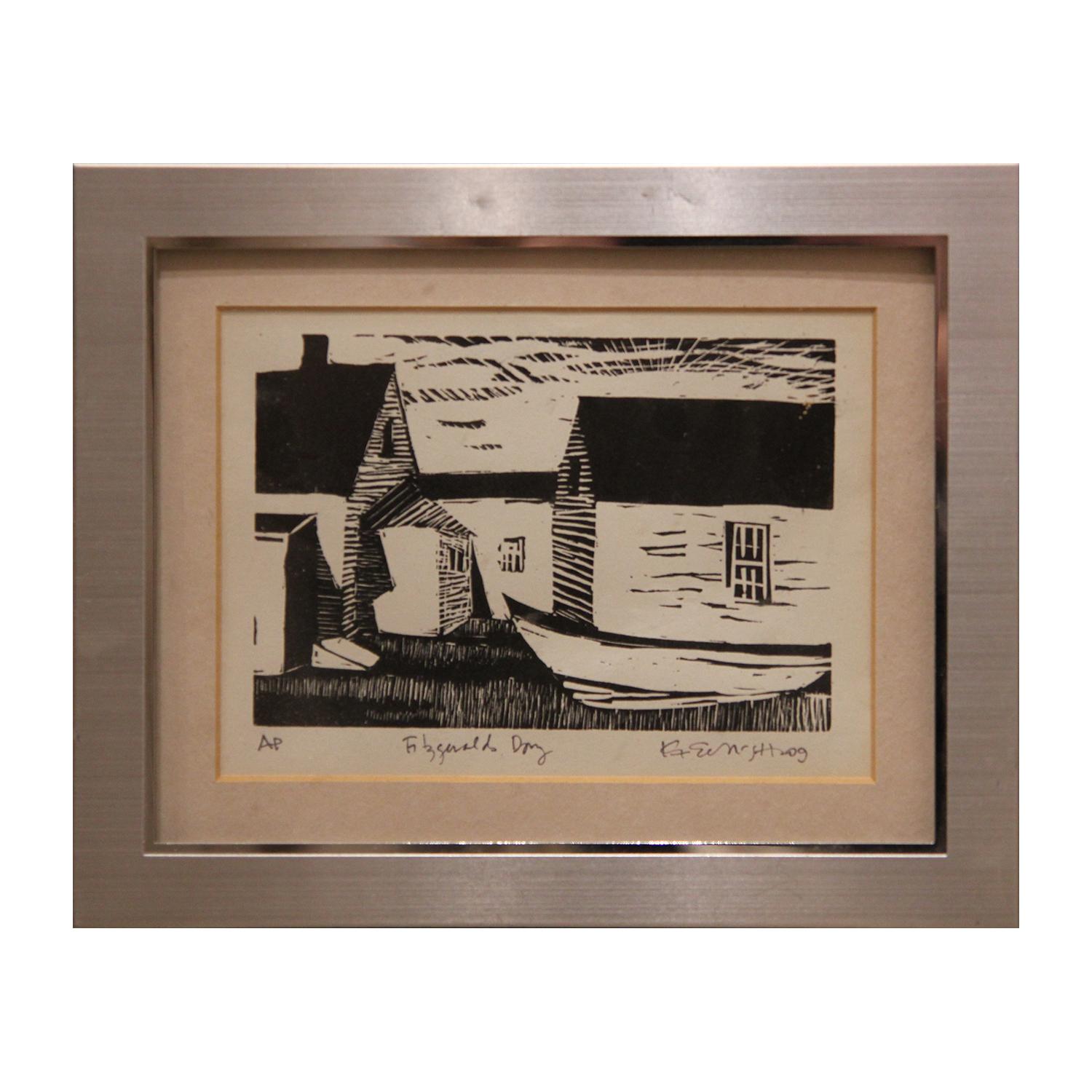 Fitzgerald Figurative Print – Boat with Houses Landscape Holzschnitt (möglicherweise Woodstock School of Art)