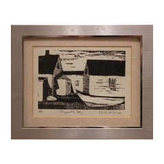 Vintage Boat with Houses Landscape Woodblock Print (Possibly Woodstock School of Art)