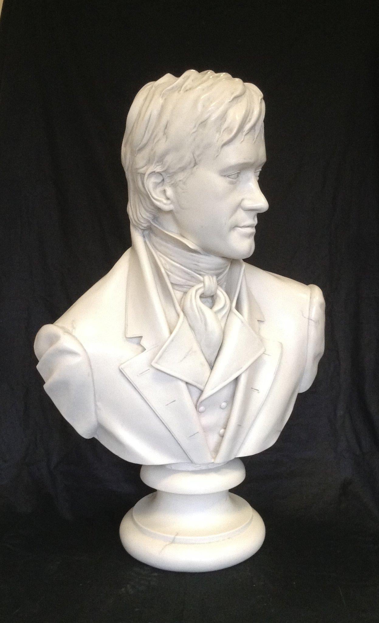 A gorgeous Fitzwilliam Darcy, marble bust, 20th century. 
From the film 'Pride and prejudice' a sculptured marble bust in miniature of Mathew Macfadyen, reduced from the full size bust used in the making of the movie at Chatsworth house in 2005.