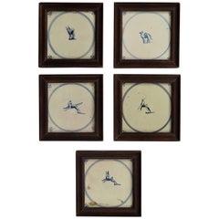 Antique Five 18th Century Delft Blue and White Animal Tiles in Hardwood Frames, Ca 1750