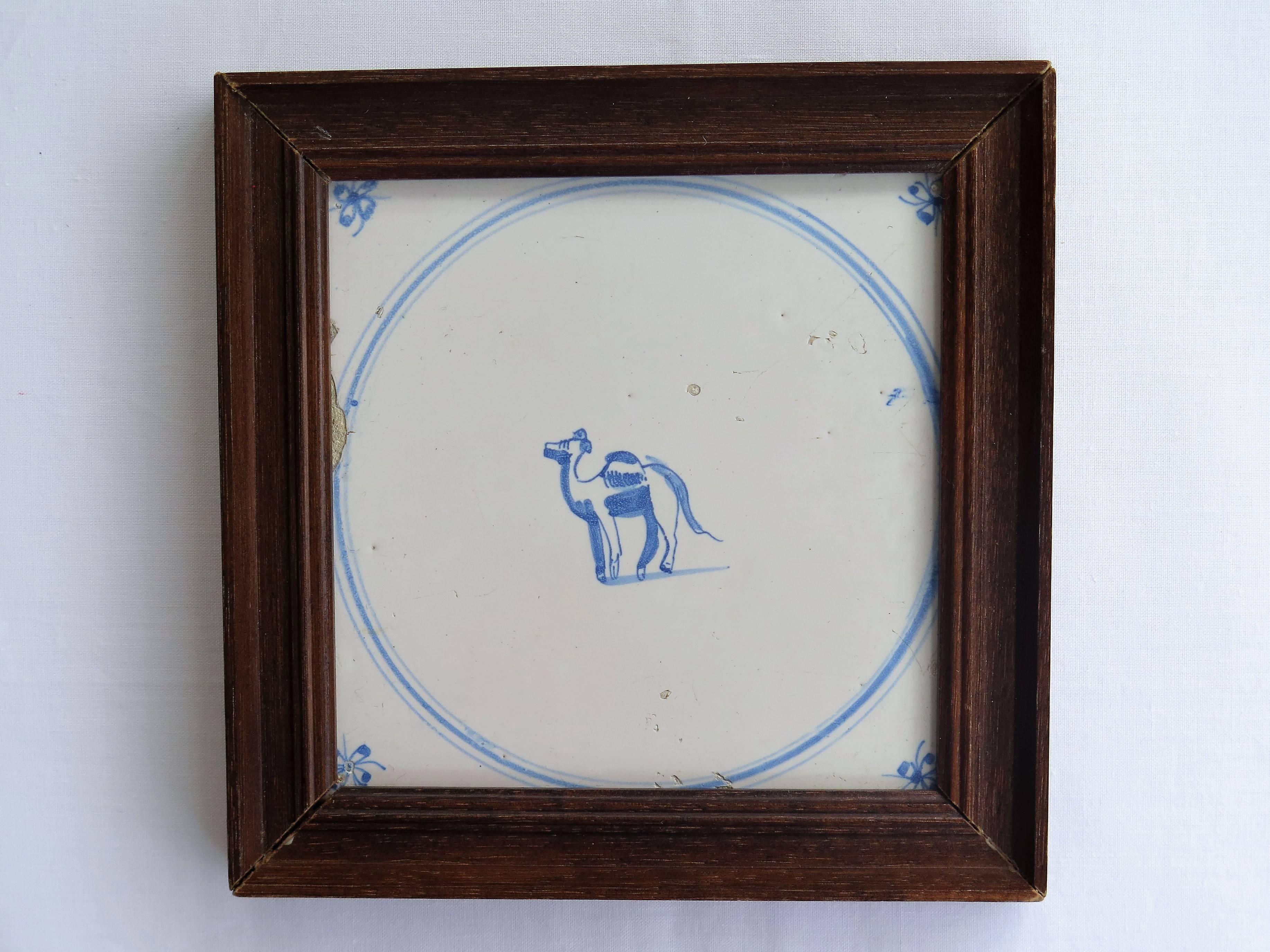 Five 18th Century Delft Blue and White Animal Tiles in Hardwood Frames, Ca 1750 3