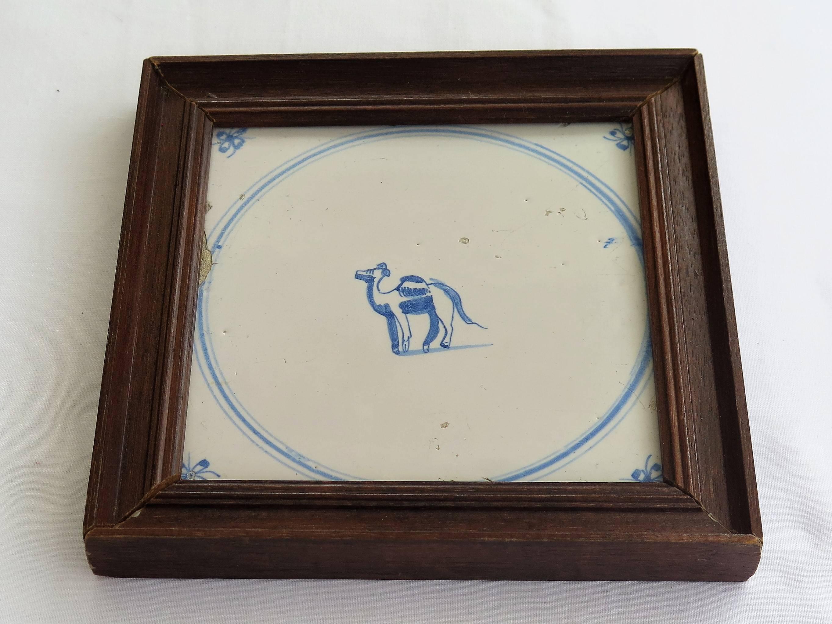 Five 18th Century Delft Blue and White Animal Tiles in Hardwood Frames, Ca 1750 4