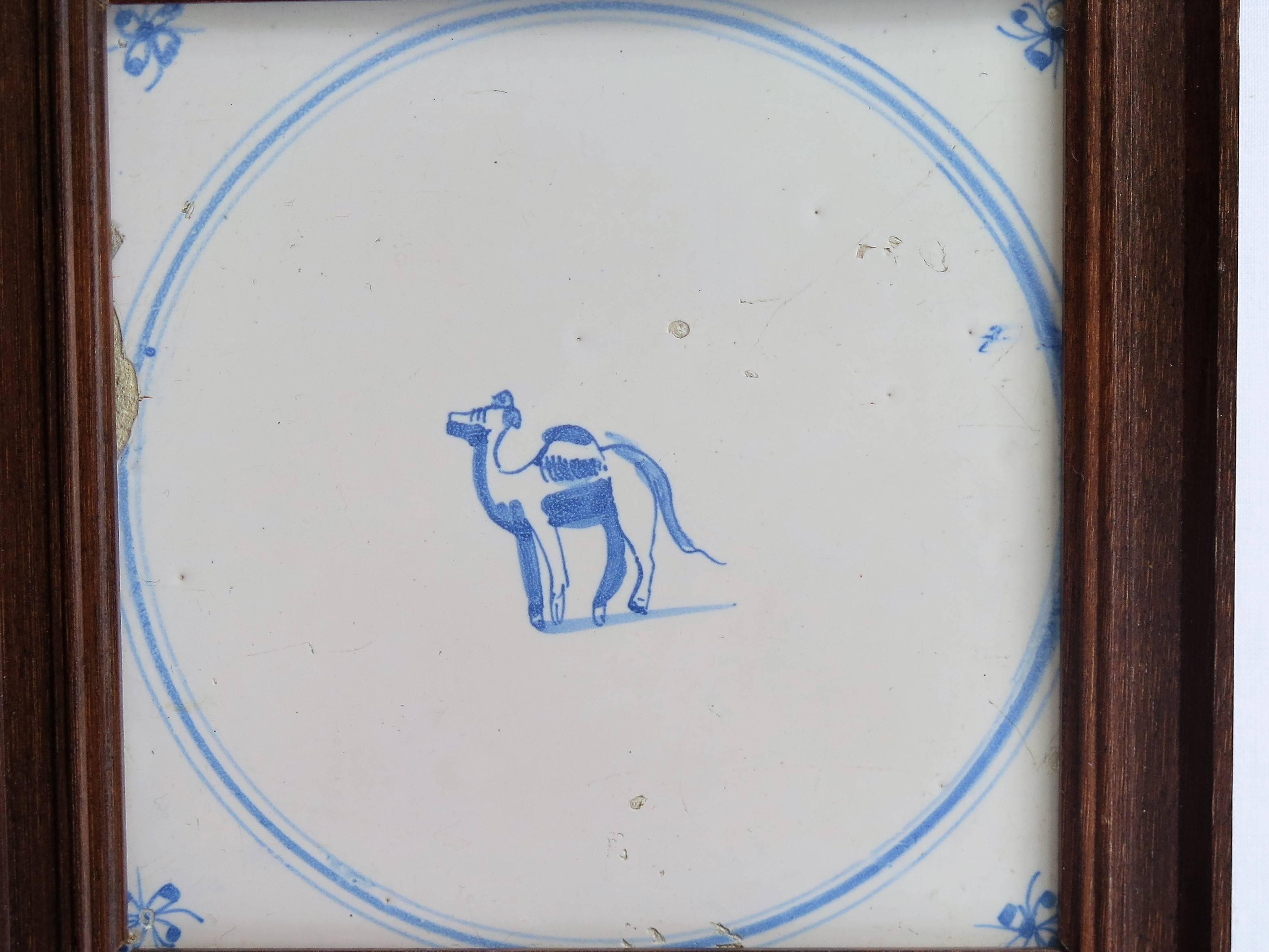 Five 18th Century Delft Blue and White Animal Tiles in Hardwood Frames, Ca 1750 5