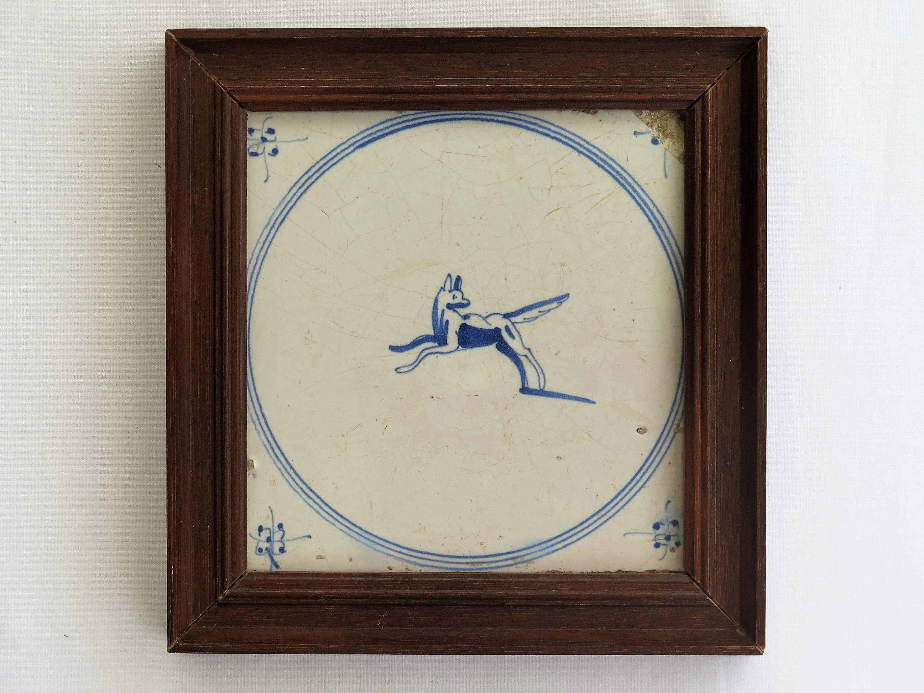 Five 18th Century Delft Blue and White Animal Tiles in Hardwood Frames, Ca 1750 6