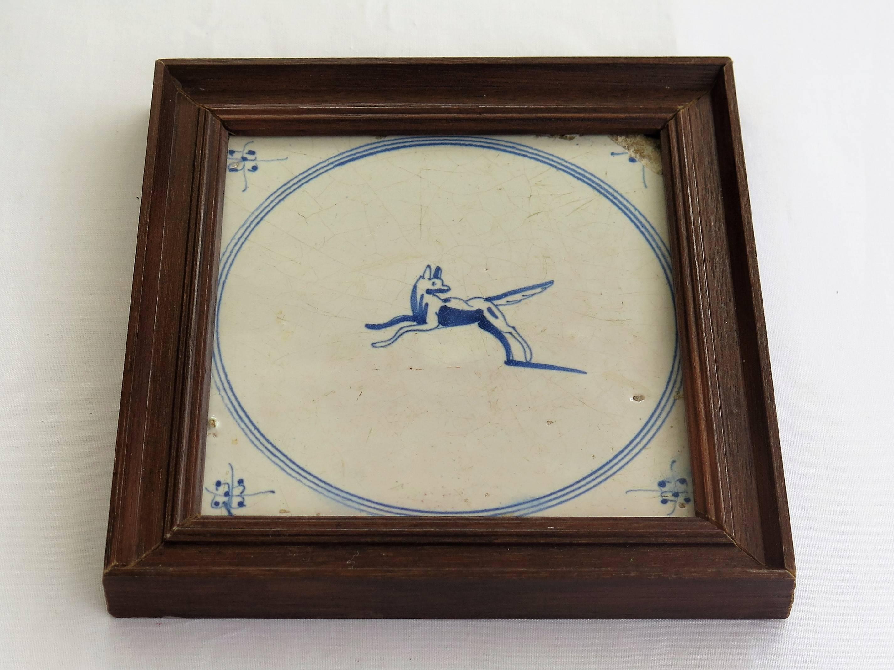 Five 18th Century Delft Blue and White Animal Tiles in Hardwood Frames, Ca 1750 7