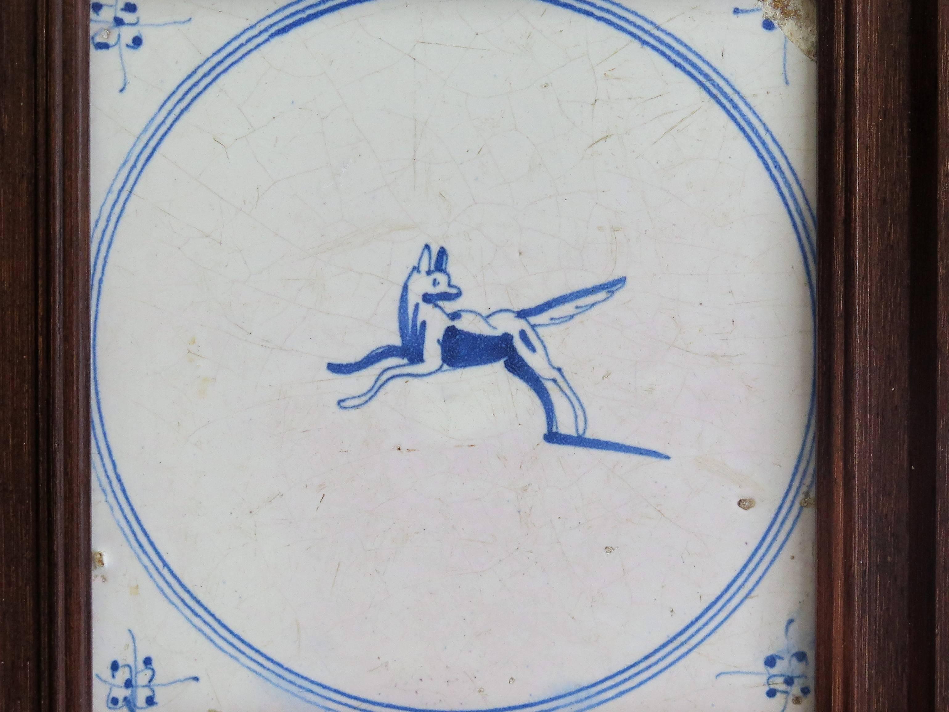 Five 18th Century Delft Blue and White Animal Tiles in Hardwood Frames, Ca 1750 8