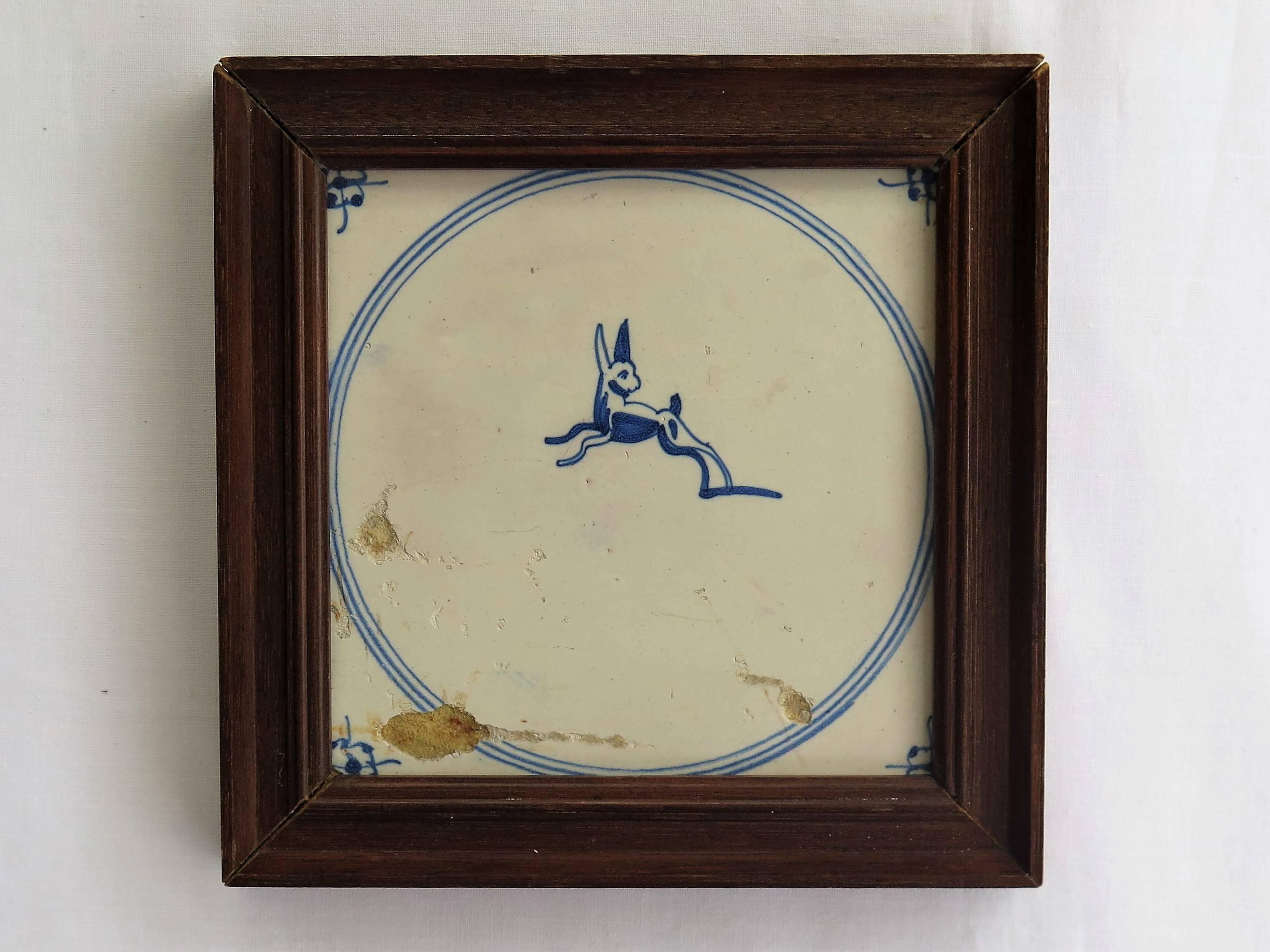 Five 18th Century Delft Blue and White Animal Tiles in Hardwood Frames, Ca 1750 9