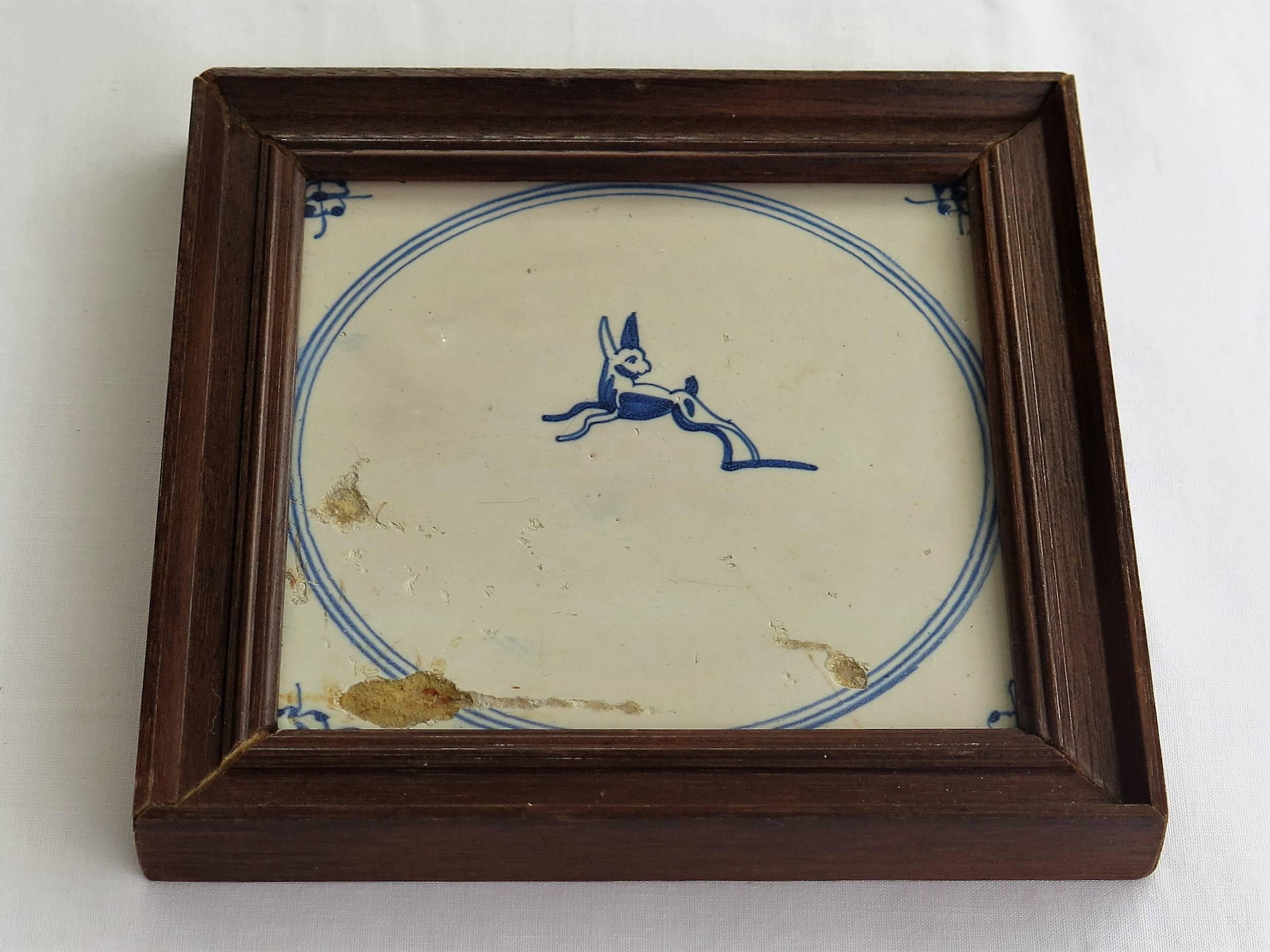 Five 18th Century Delft Blue and White Animal Tiles in Hardwood Frames, Ca 1750 10